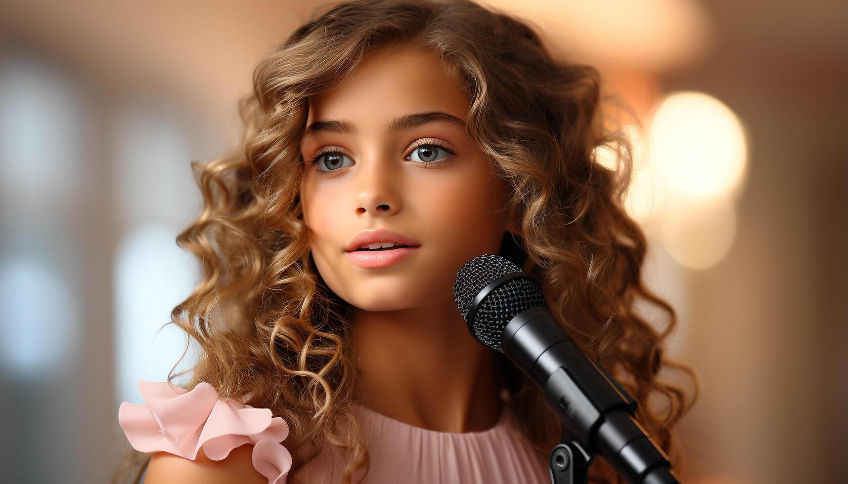 ai généré mignonne caucasien fille, frisé cheveux, souriant, en chantant sur étape généré par ai photo