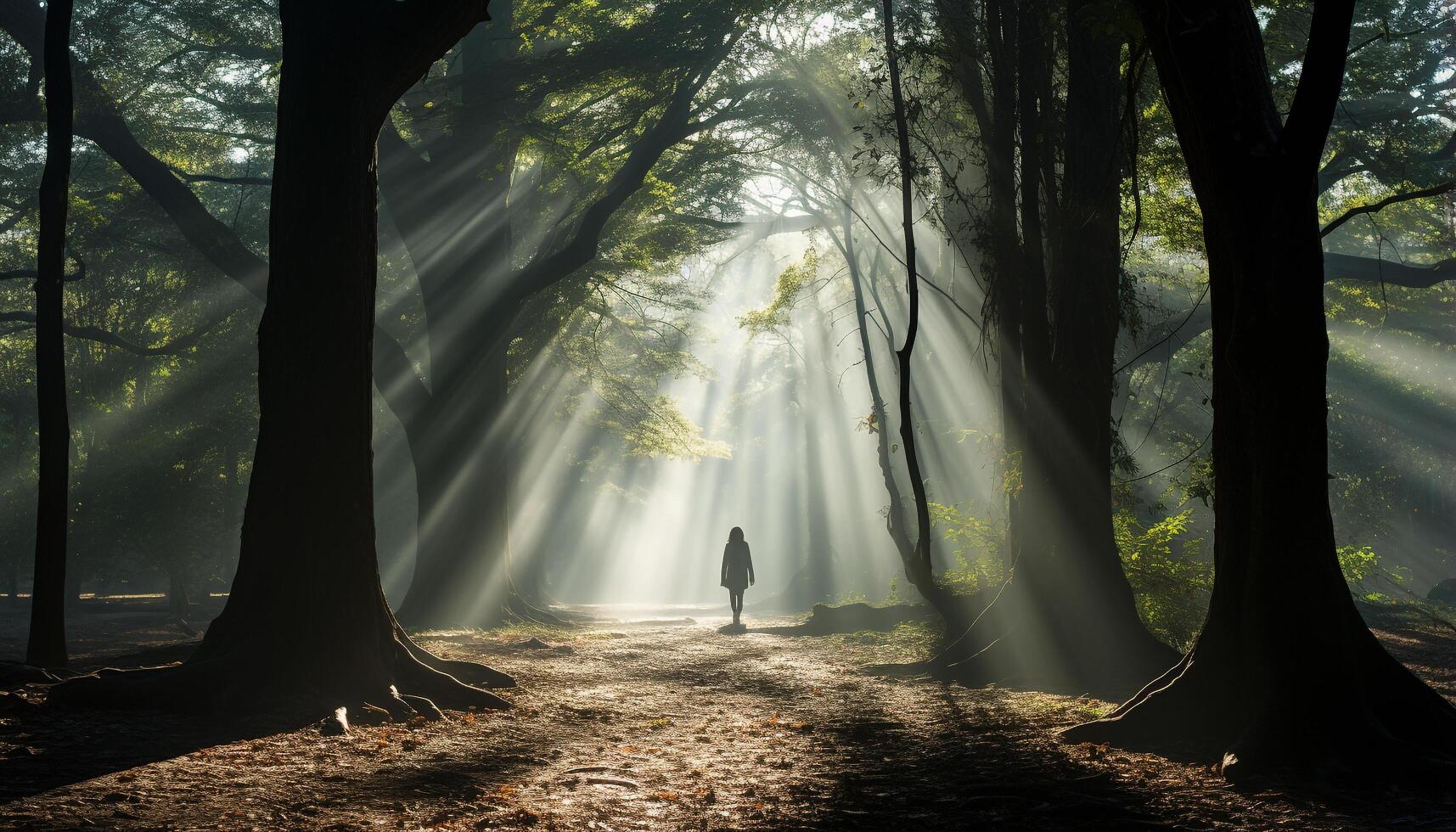 ai généré un la personne en marchant par brumeux forêt, entouré par mystère généré par ai photo