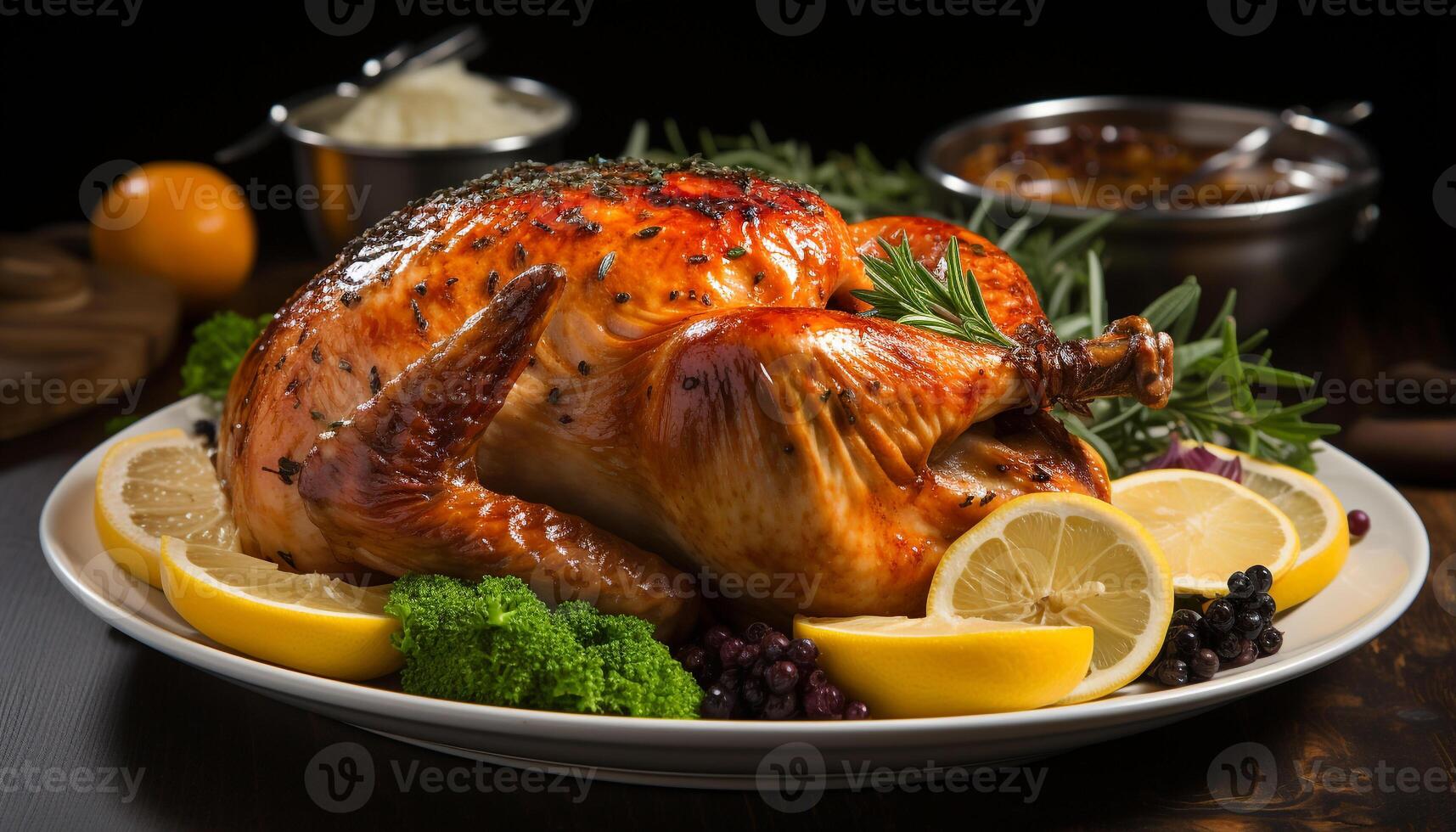 ai généré grillé dinde Viande, Frais légumes, fait maison rôti poulet sur assiette généré par ai photo