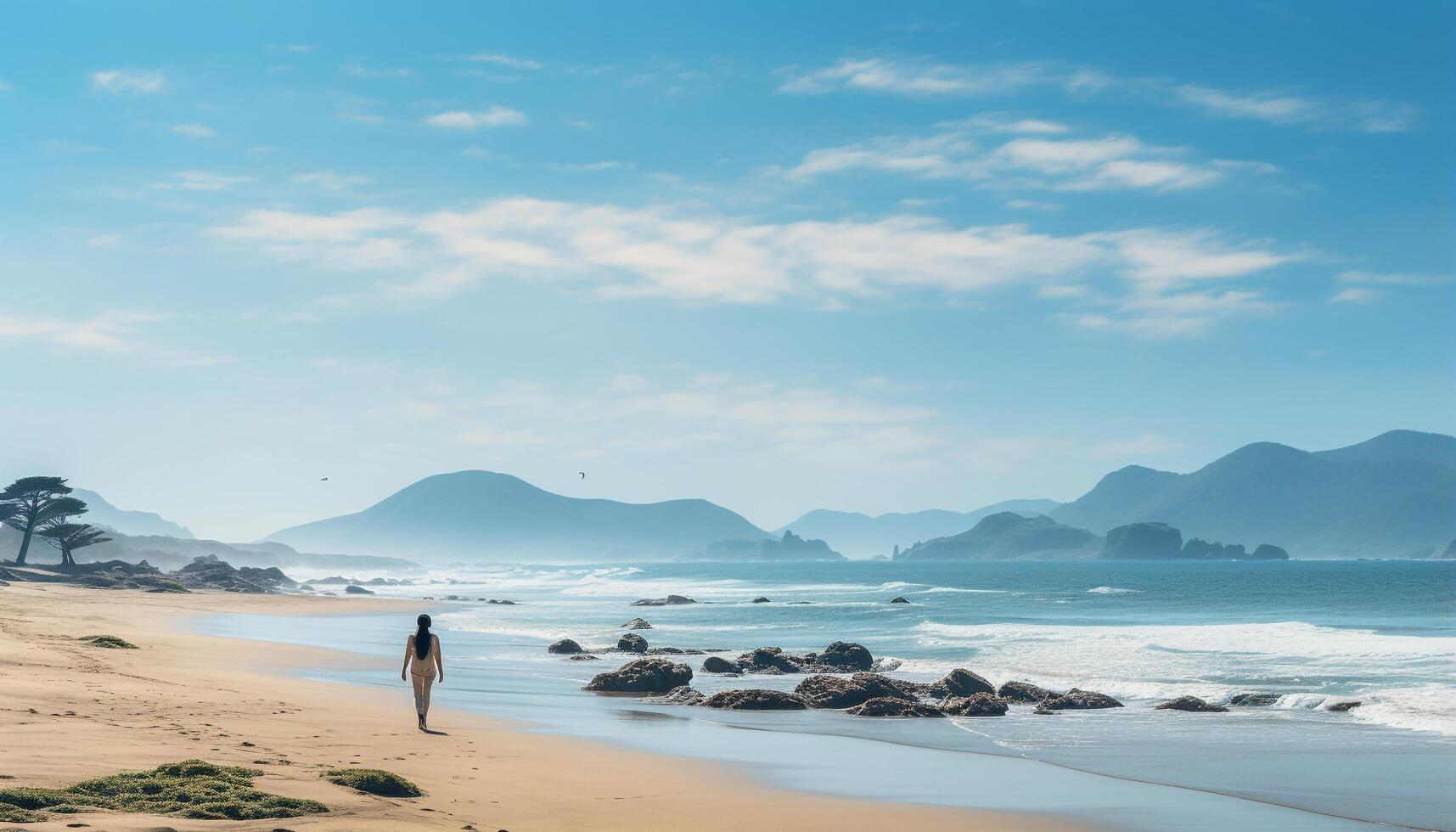 ai généré silhouette de un la personne sur une tranquille plage à crépuscule généré par ai photo