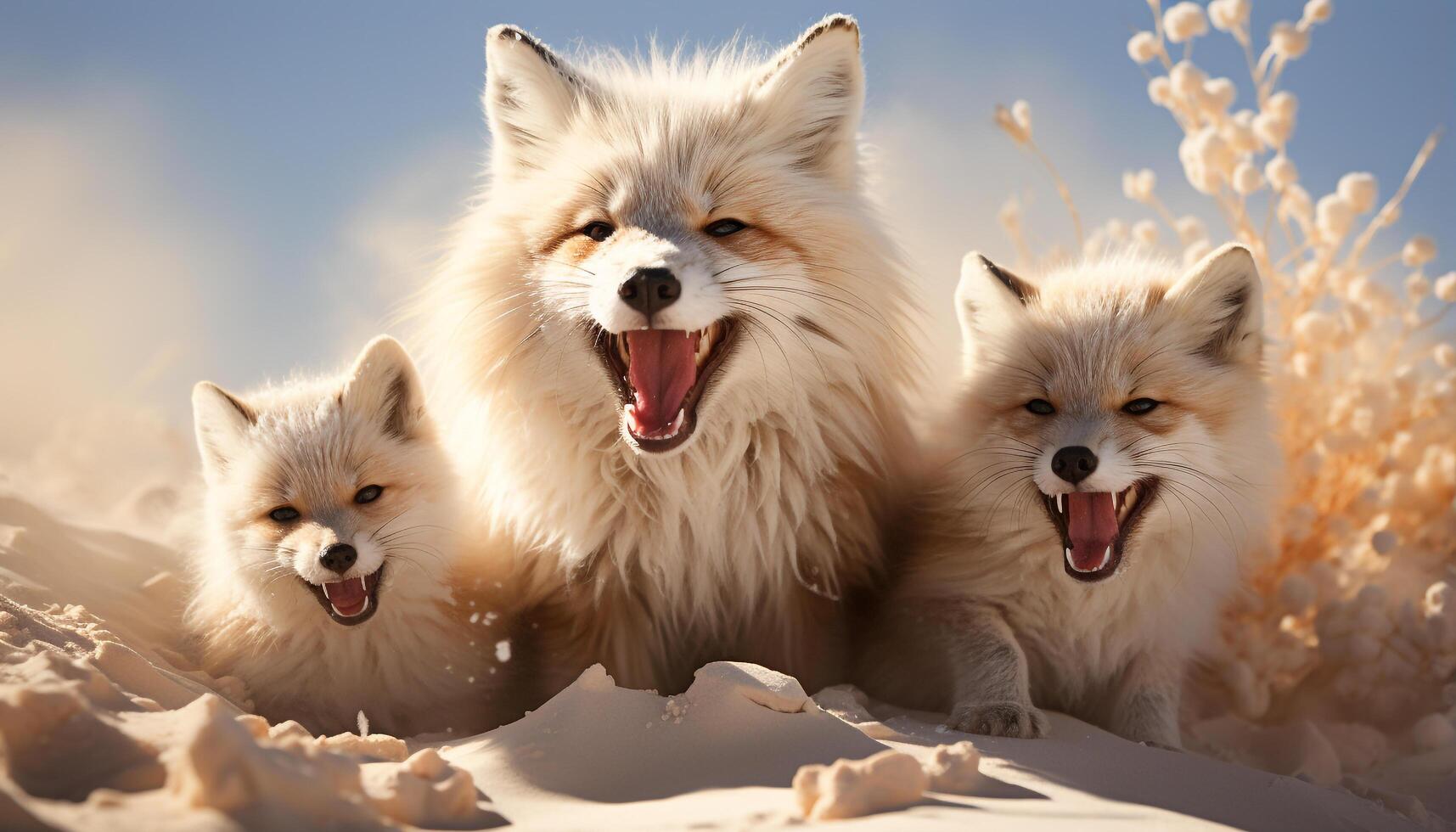 ai généré mignonne chiot en jouant dans le neige avec amis, de race chien généré par ai photo