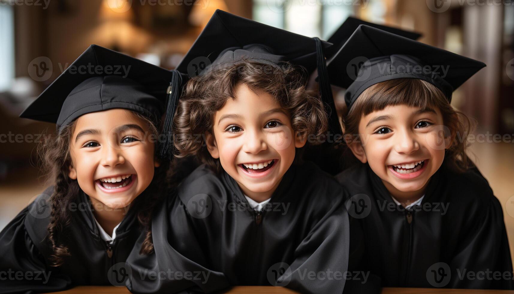 ai généré souriant les enfants dans école uniformes célébrer Succès et relation amicale généré par ai photo