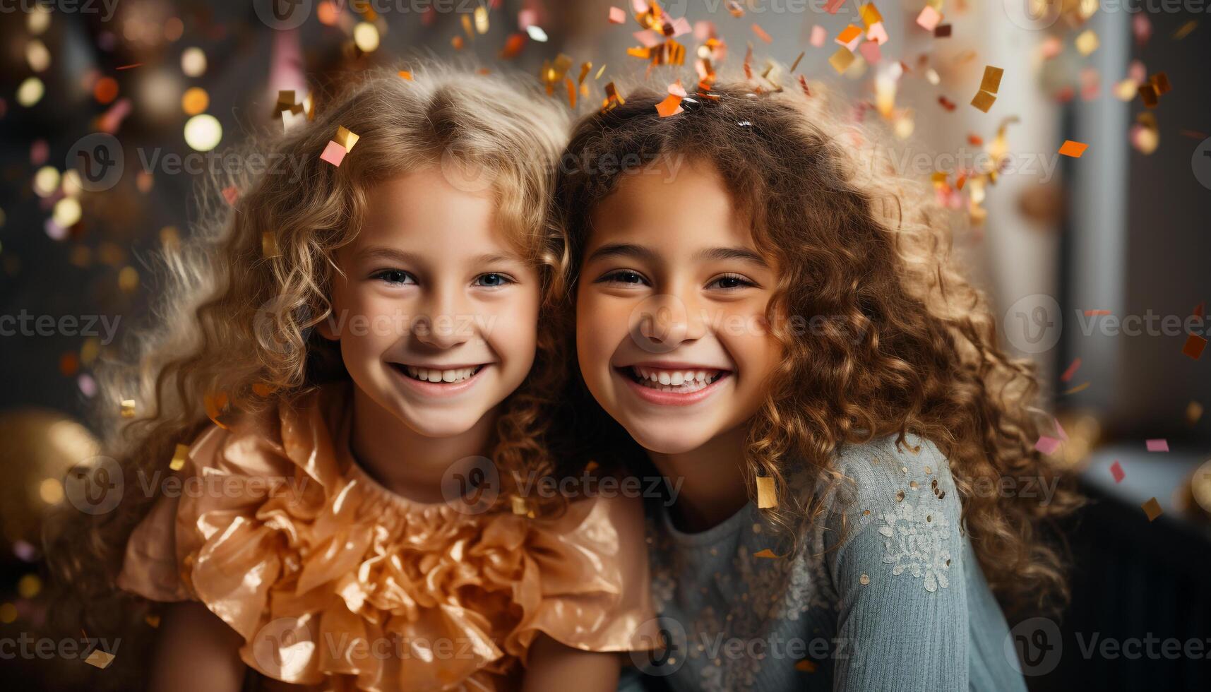 ai généré souriant les filles célébrer, mignonne portrait de joyeux enfance à l'intérieur généré par ai photo