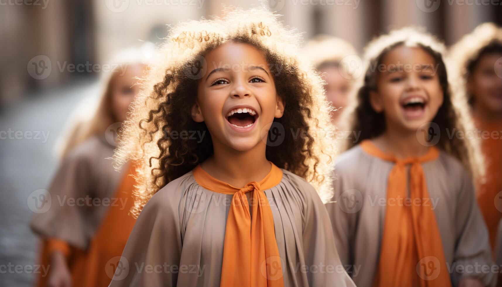 ai généré groupe de les enfants en plein air, souriant et à la recherche à caméra Heureusement généré par ai photo