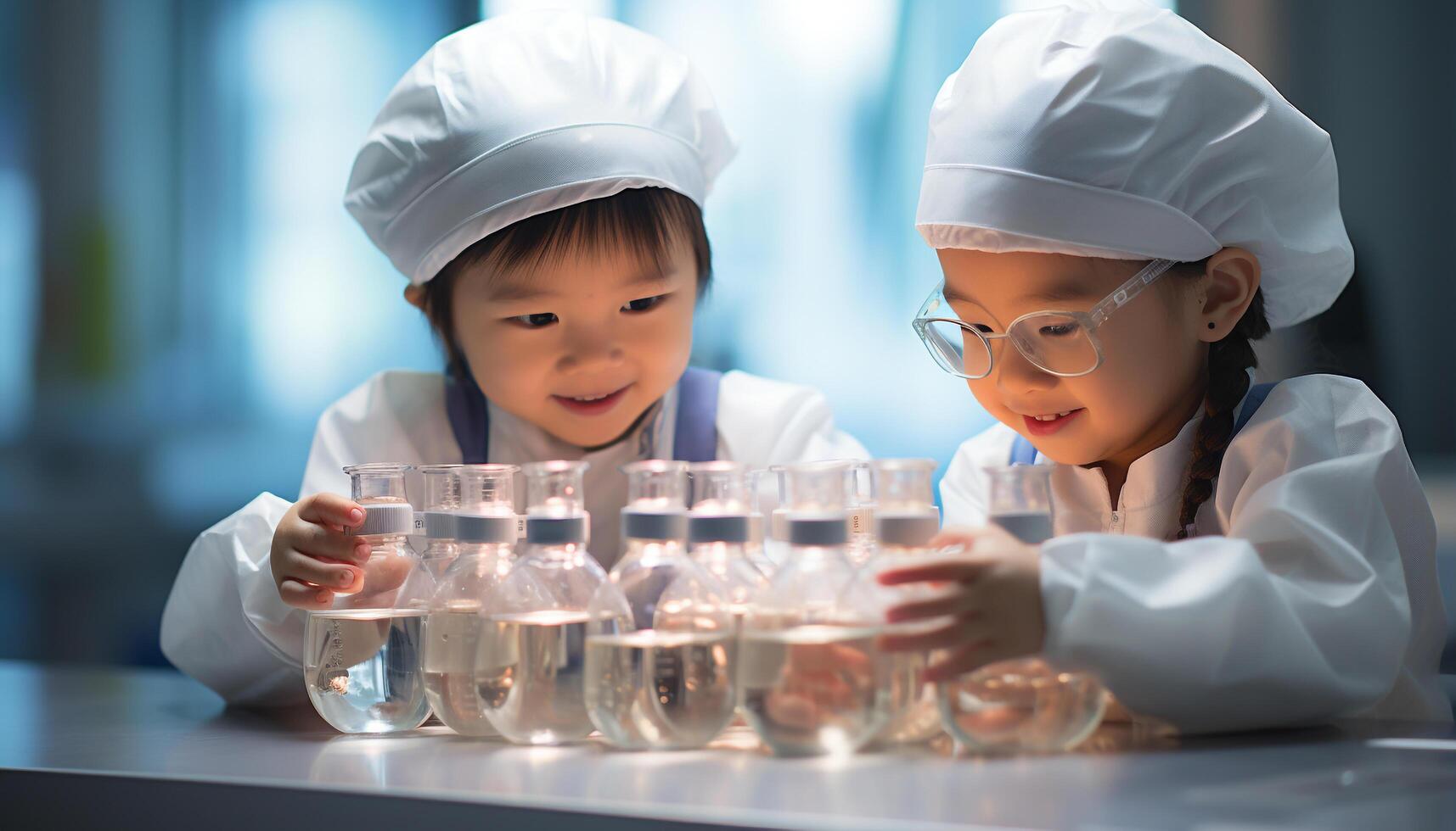 ai généré souriant garçons et les filles dans une laboratoire, apprentissage chimie ensemble généré par ai photo