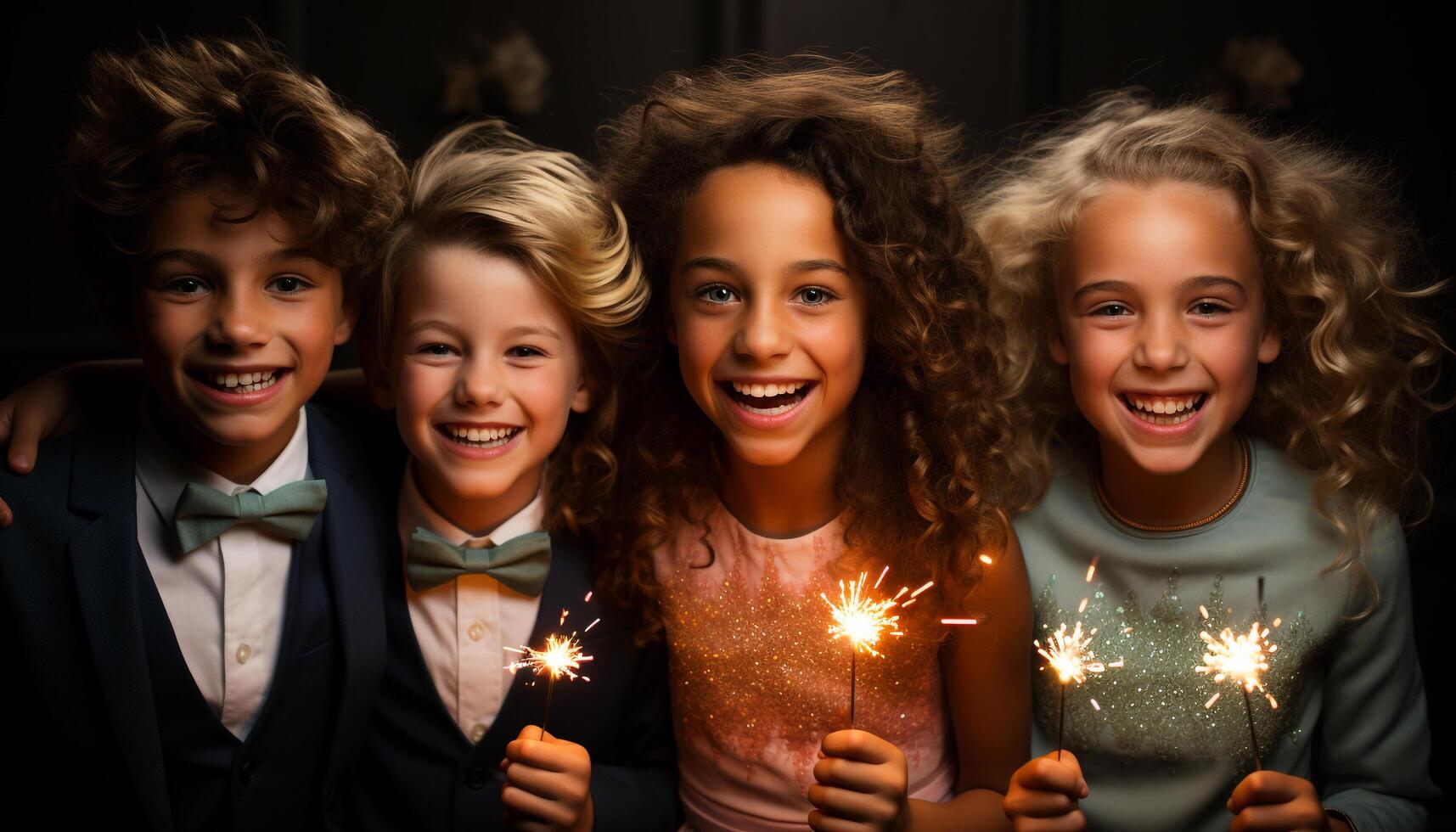 ai généré souriant les enfants célébrer, joyeux faire la fête, mignonne portrait, amitié, excitation généré par ai photo