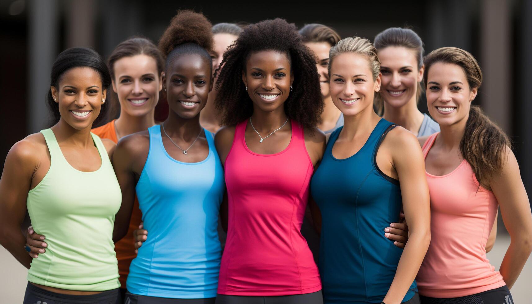 ai généré souriant femmes dans des sports vêtements, exercice avec confiance et travail en équipe généré par ai photo