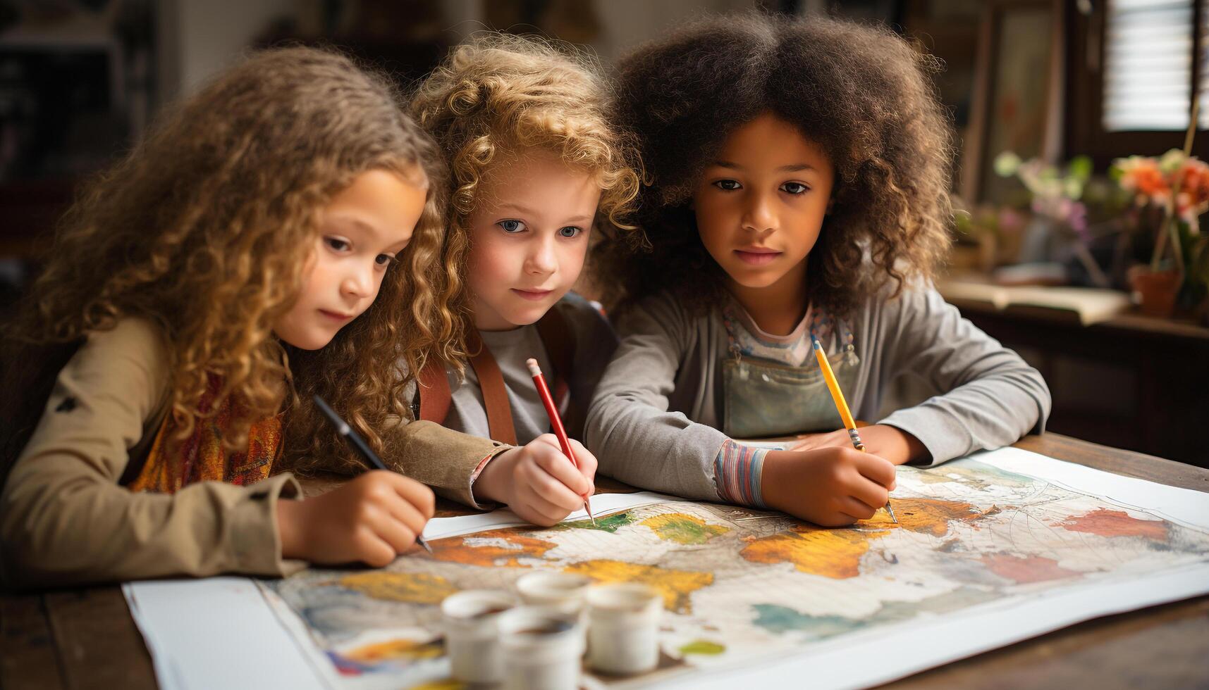 ai généré souriant les enfants apprentissage art, création bonheur dans le salle de cours généré par ai photo