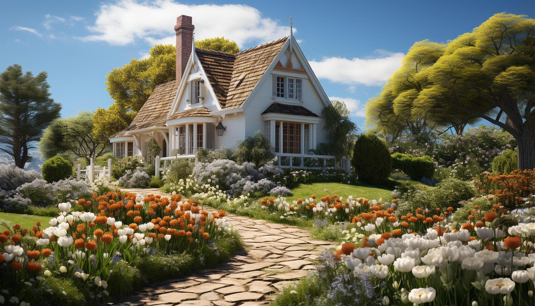 ai généré magnifique tulipes Floraison dans une historique chalet formel jardin généré par ai photo