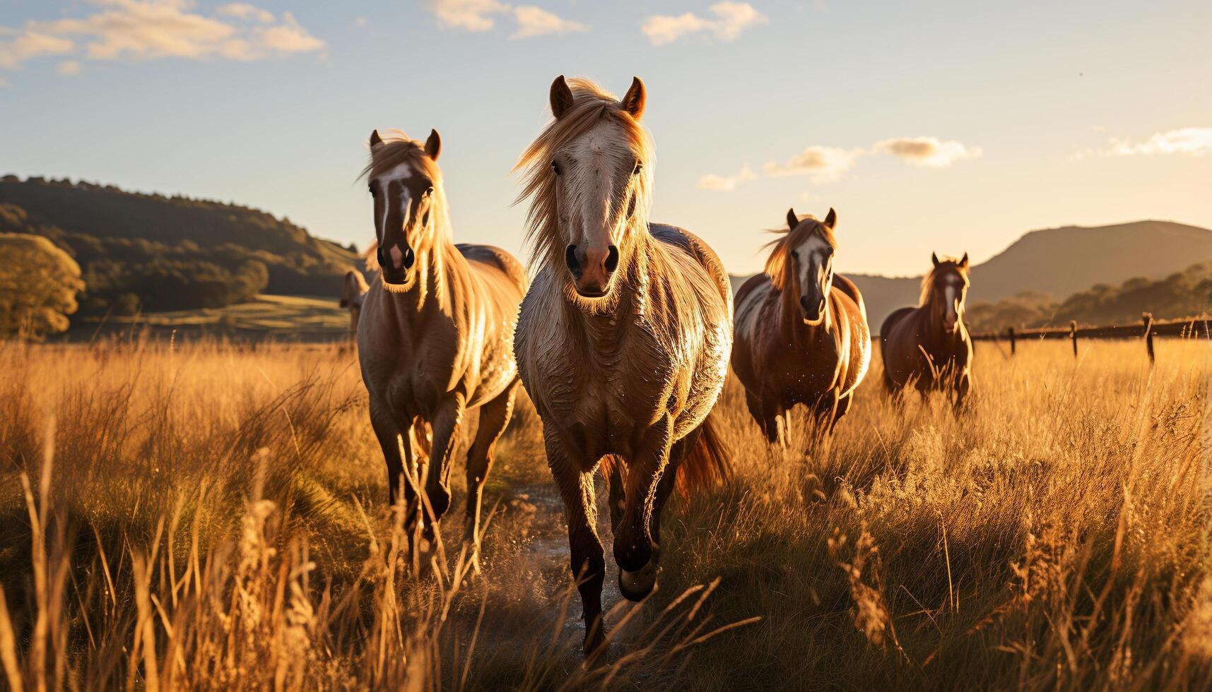 ai généré les chevaux pâturage dans prairie, le coucher du soleil des peintures tranquille rural paysage généré par ai photo
