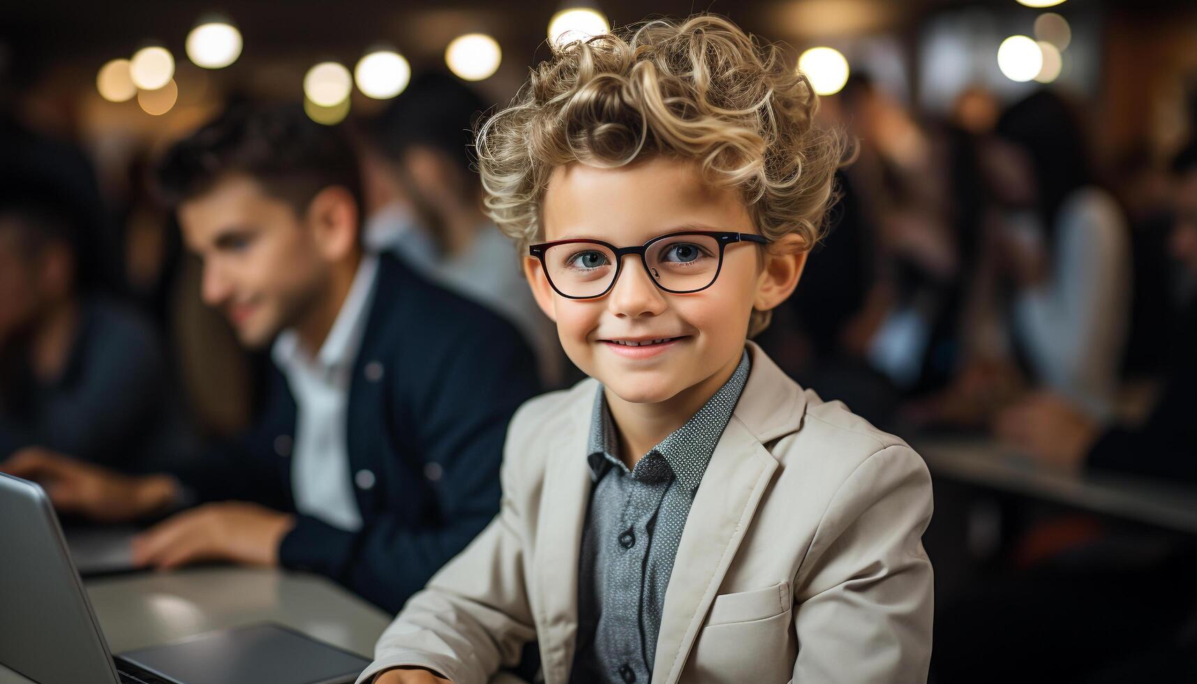 ai généré souriant enfant séance à l'intérieur, à la recherche à caméra, de bonne humeur homme d'affaire généré par ai photo