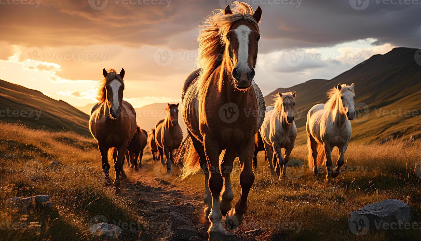 ai généré les chevaux pâturage dans prairie, le coucher du soleil des peintures tranquille rural paysage généré par ai photo