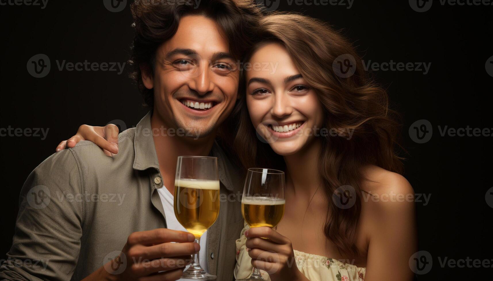 ai généré Jeune adultes dans aimer, souriant, célébrer avec Champagne, grillage ensemble généré par ai photo