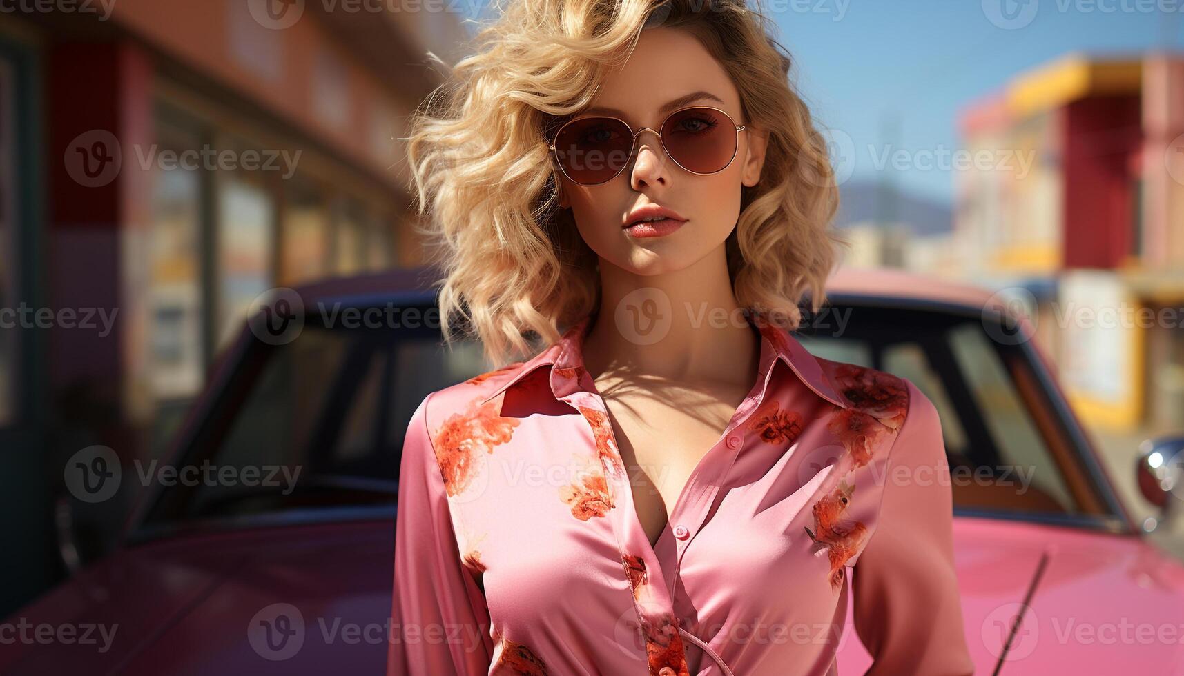 ai généré magnifique femme dans des lunettes de soleil, conduite ancien voiture, exsudant confiance généré par ai photo