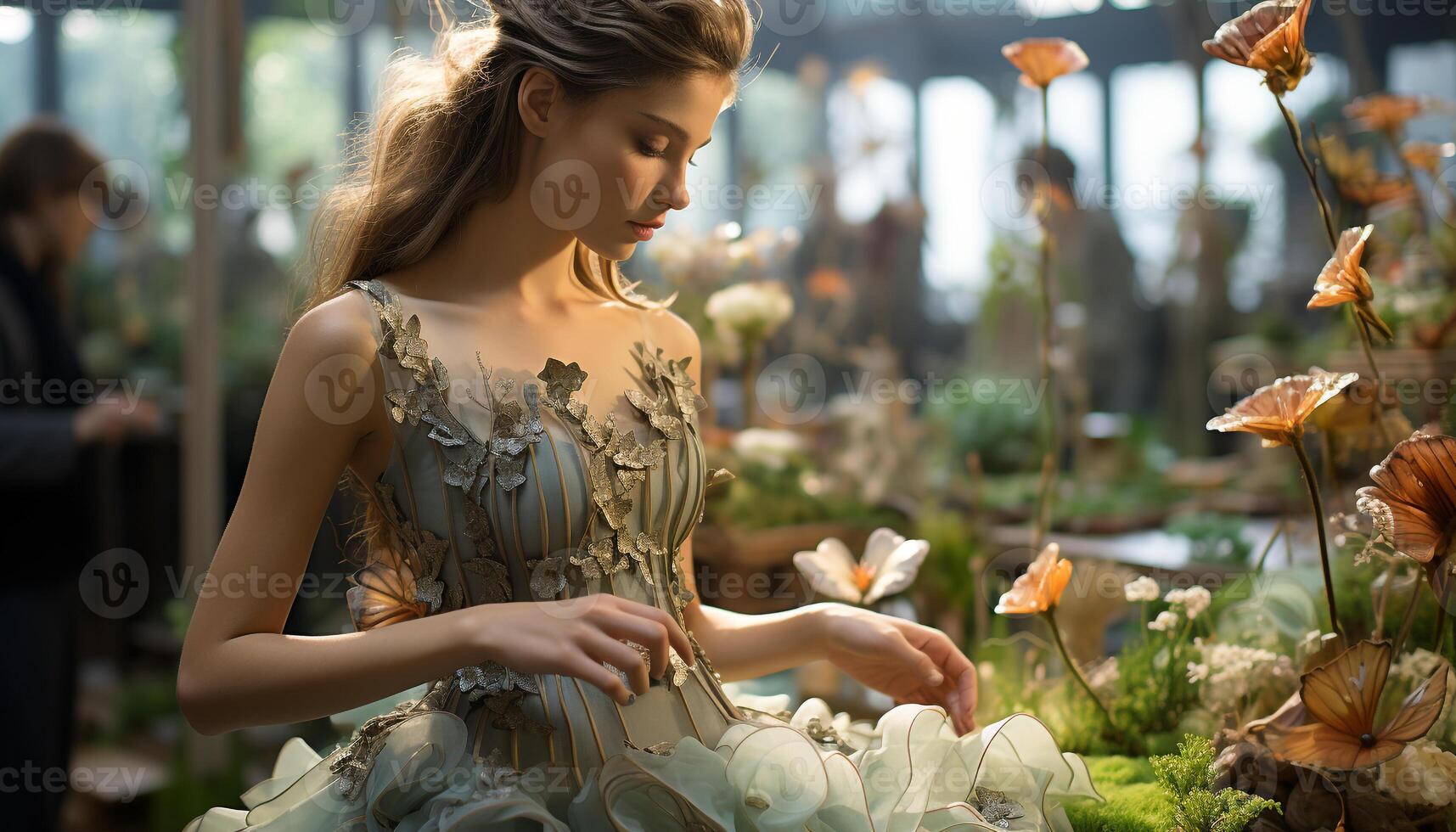 ai généré un femme, Jeune et souriant, en portant une fleur en plein air généré par ai photo