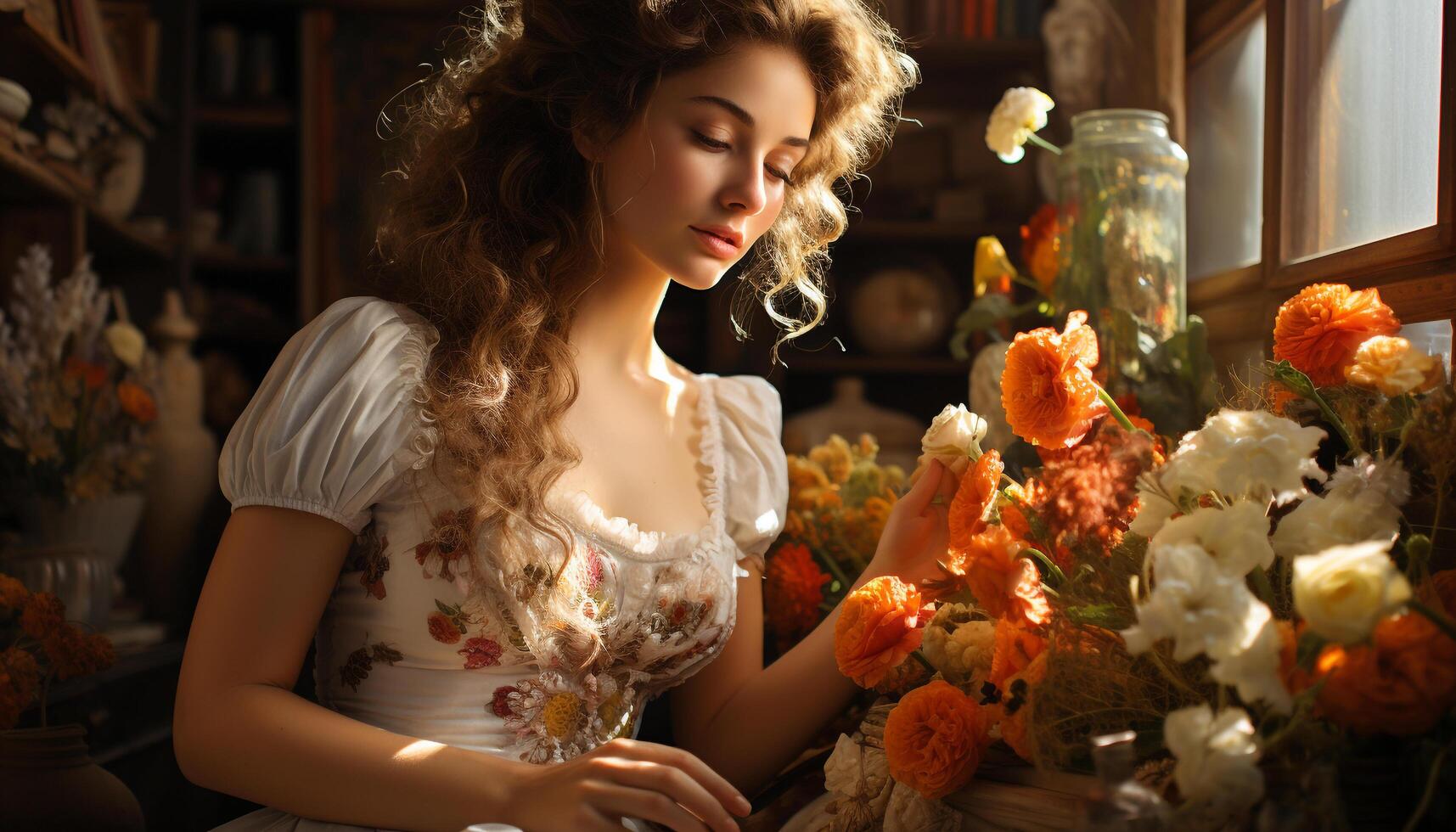 ai généré une Jeune femme séance à l'intérieur, en portant une bouquet de fleurs généré par ai photo