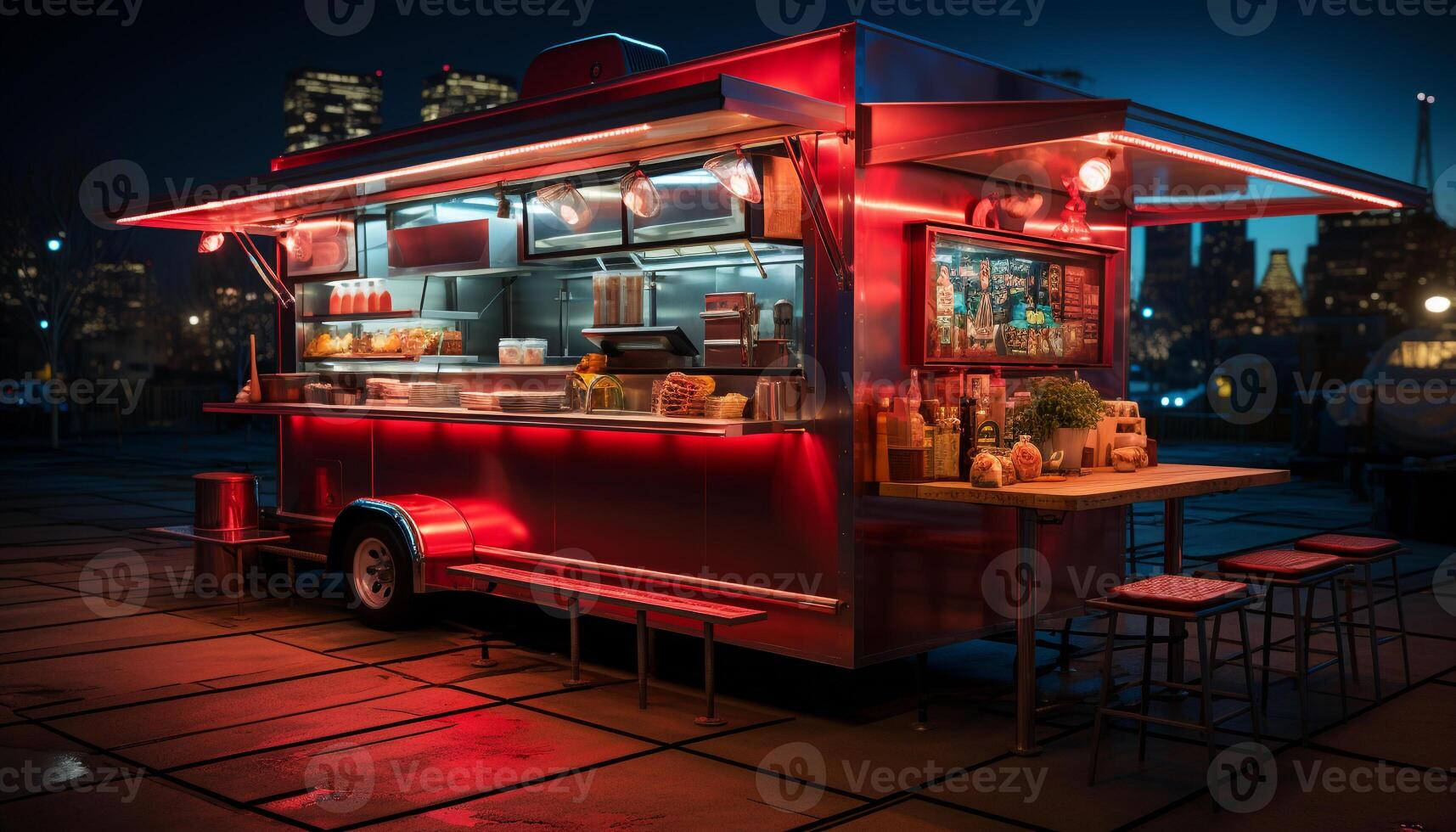 ai généré la nuit barbecue à un Extérieur tableau, en mangeant gourmet grillé nourriture généré par ai photo