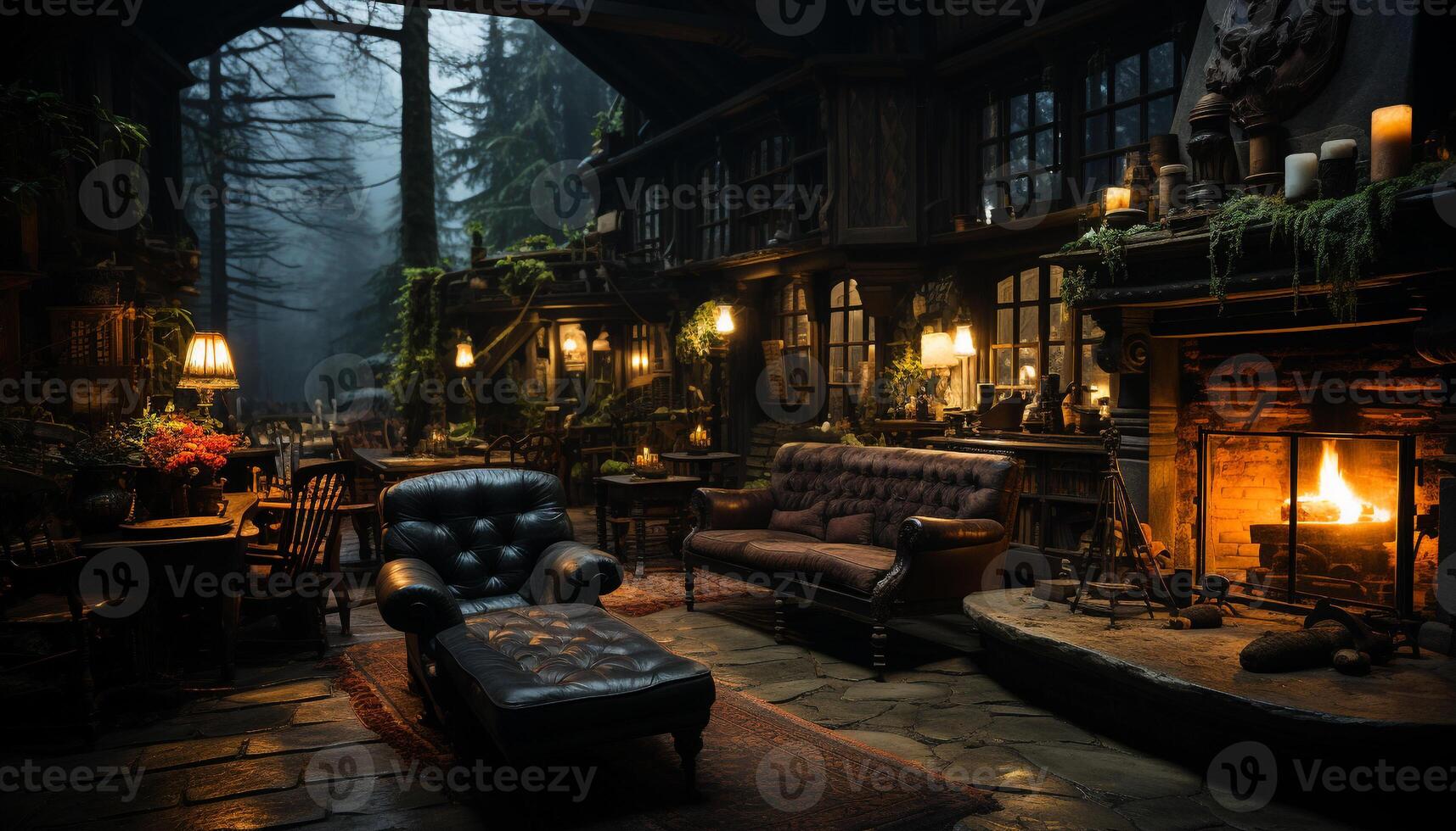 ai généré confortable hiver nuit illuminé bois tableau, confortable chaise, lanterne généré par ai photo