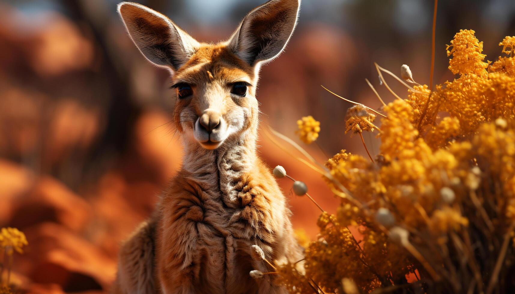 ai généré mignonne cerf pâturage dans prairie, à la recherche à caméra, l'automne le coucher du soleil généré par ai photo