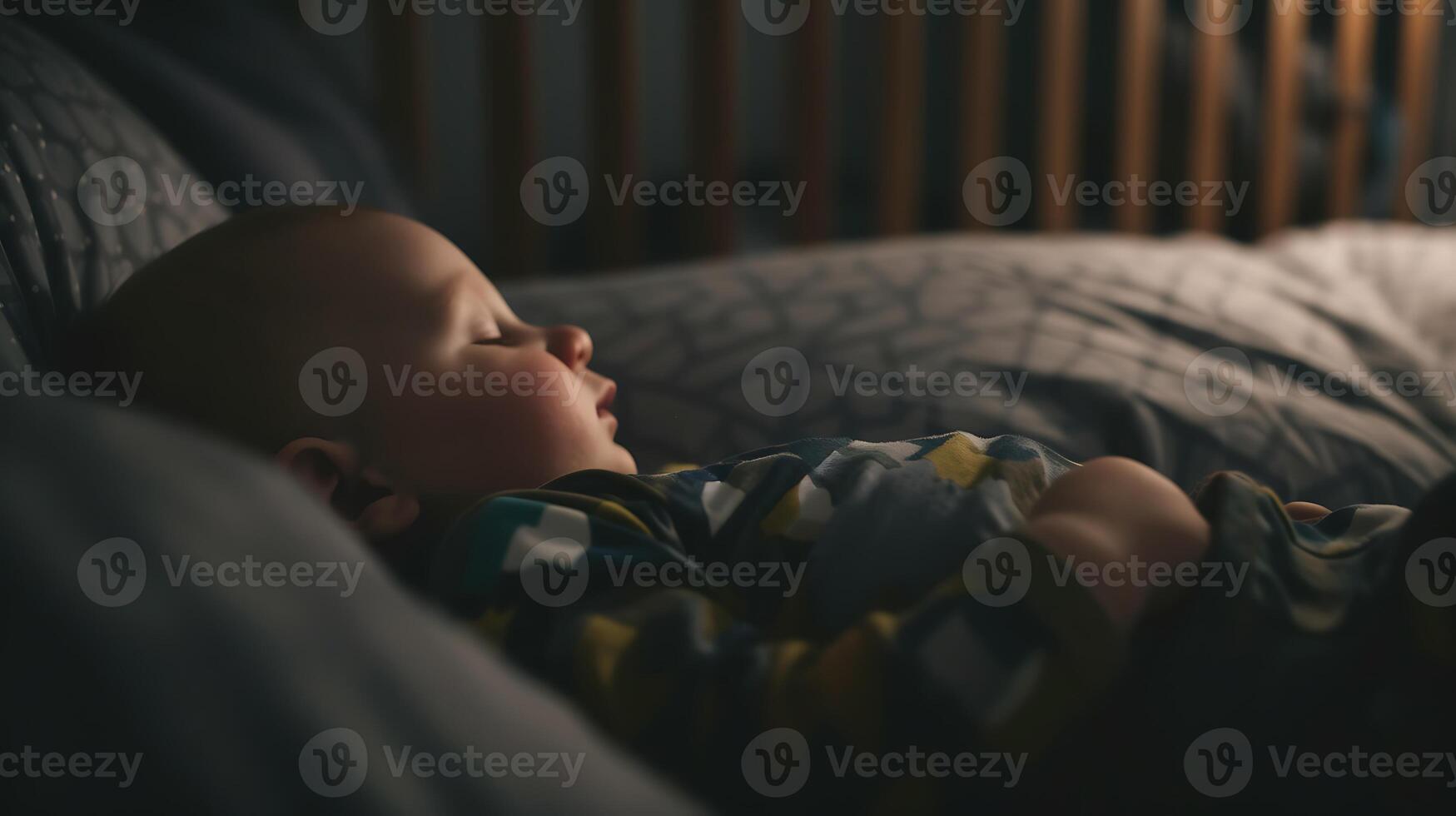 ai généré bébé en train de dormir dans lit de bébé avec oreiller. génératif ai. photo