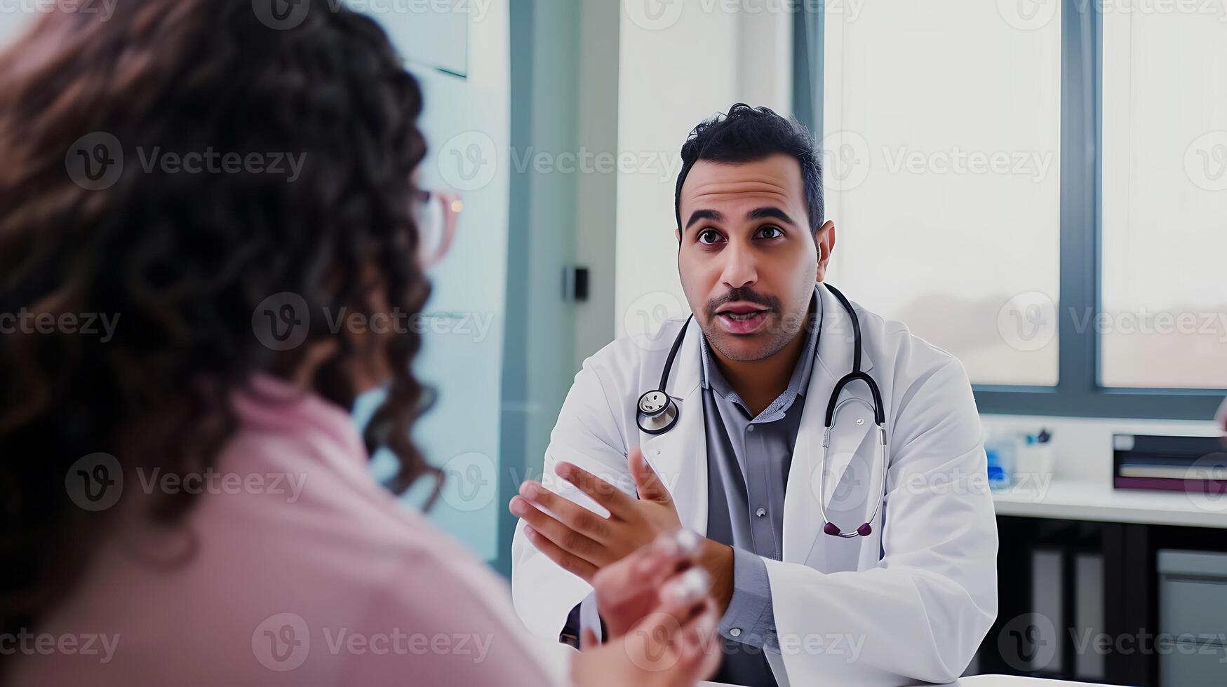 ai généré médecin discuter traitement avec patient dans chambre. génératif ai. photo