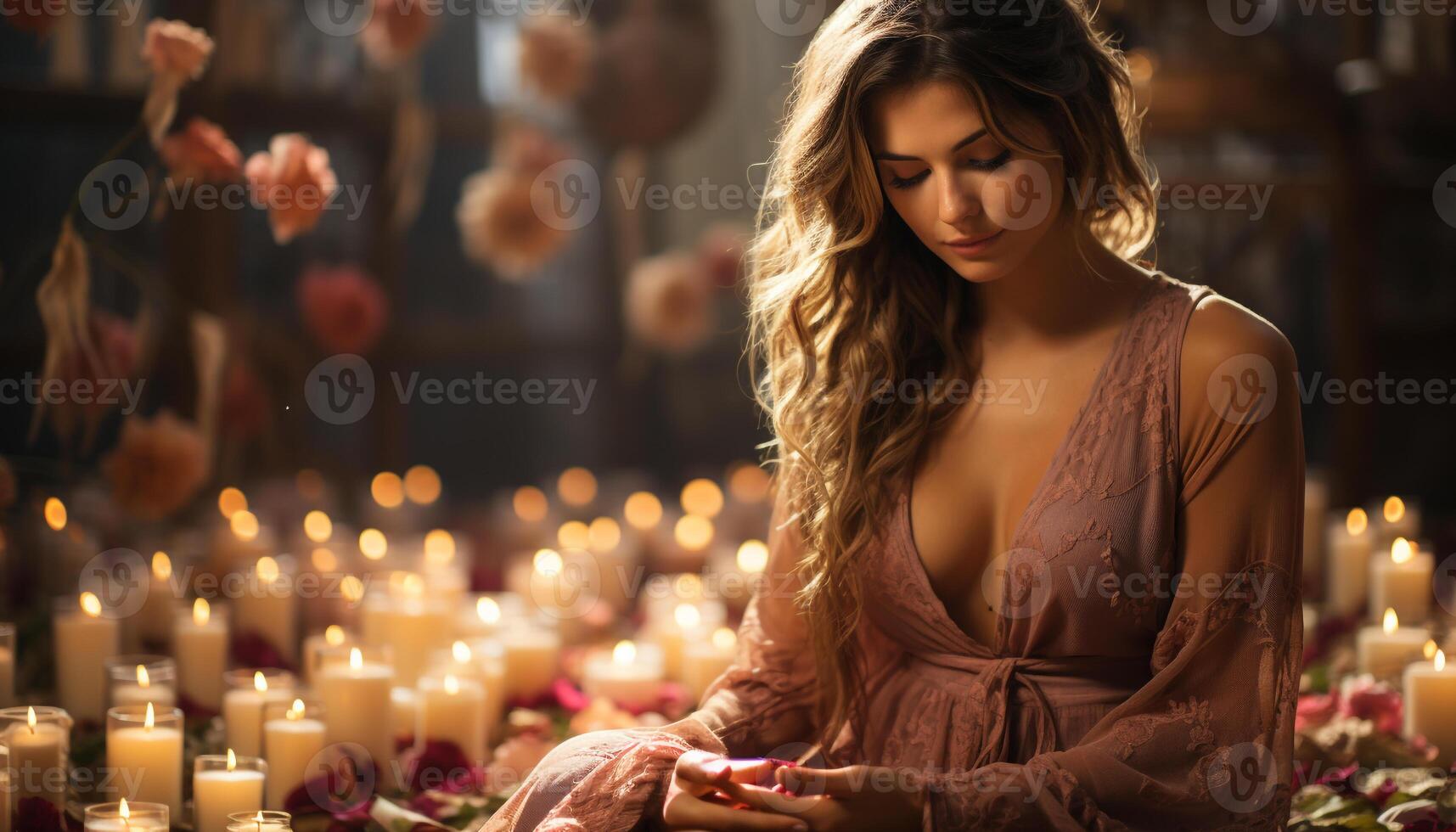 ai généré Jeune femme séance à l'intérieur, en portant bougie, souriant, entouré par beauté généré par ai photo