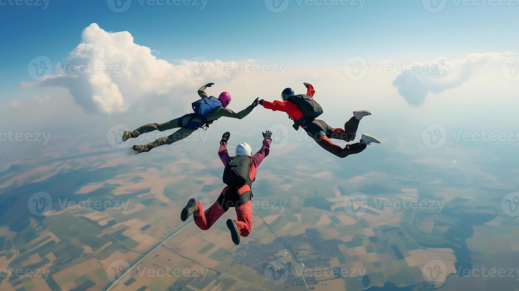 ai généré groupe de gens parachutisme et en portant mains. génératif ai. photo