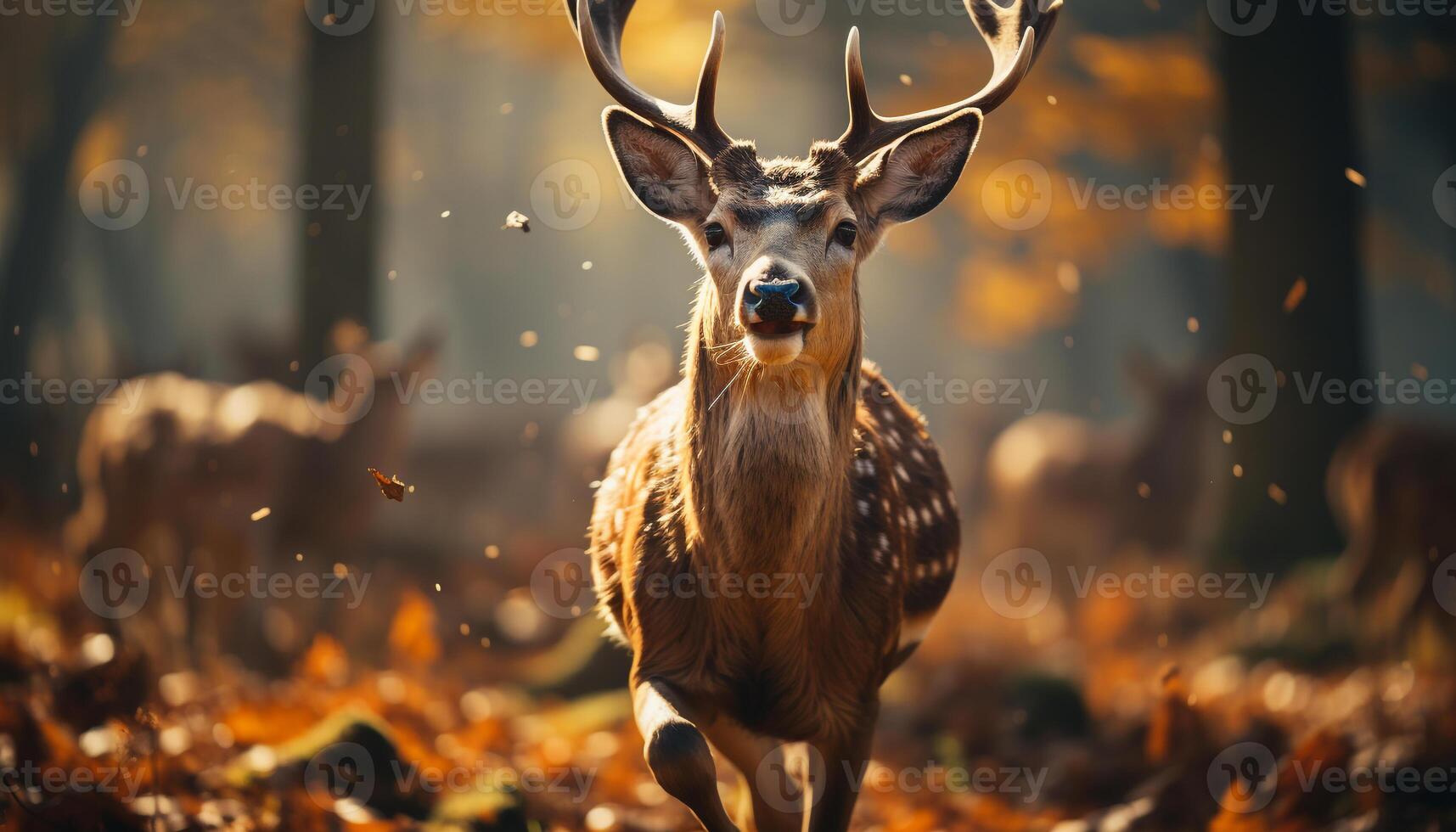 ai généré mignonne cerf permanent dans neige, à la recherche à caméra dans forêt généré par ai photo