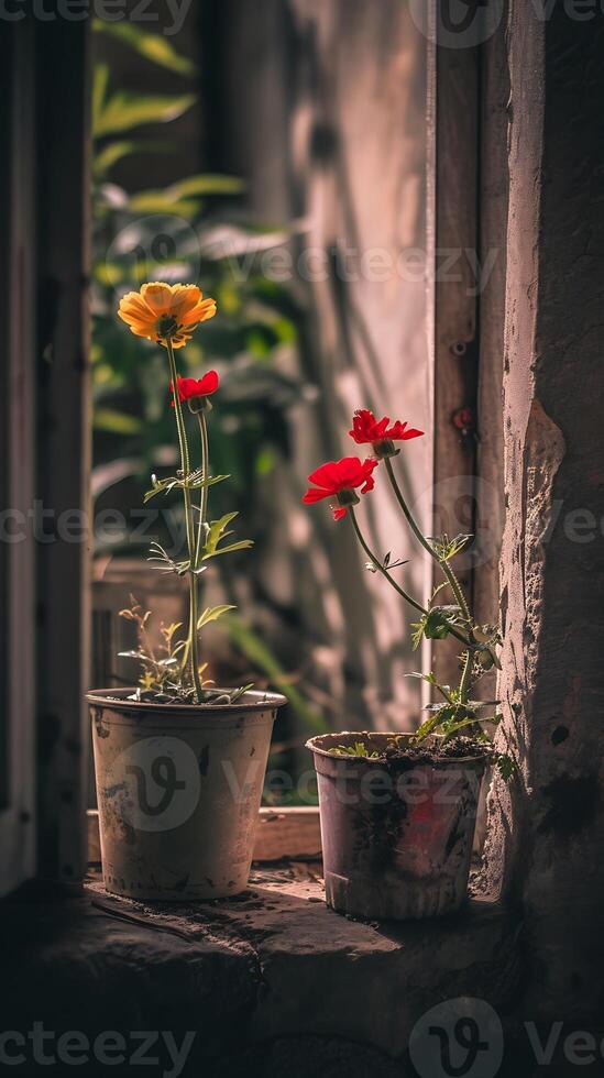 ai généré Jaune et rouge fleurs dans des pots supporter sur le rebord de fenêtre, baigné dans Naturel lumière. photo