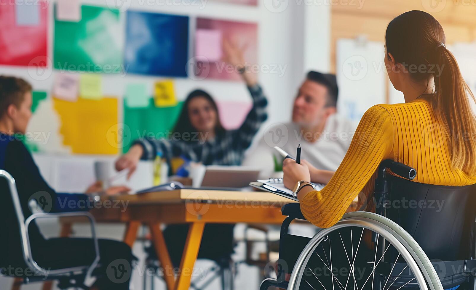 ai généré femme dans fauteuil roulant en utilisant cellule téléphone. génératif ai. photo