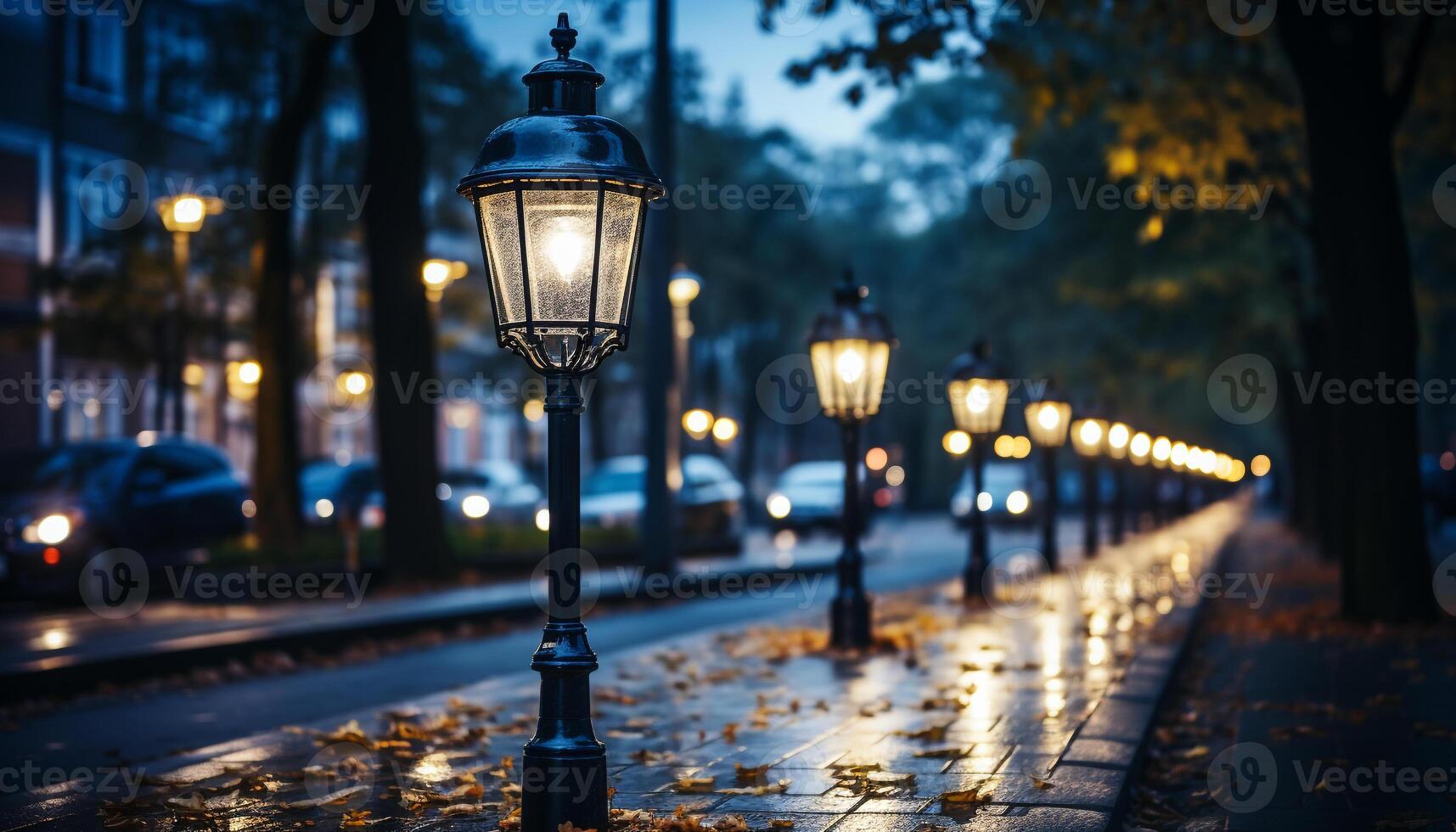 ai généré nuit dans le ville, vieux rue illuminé par lanternes généré par ai photo