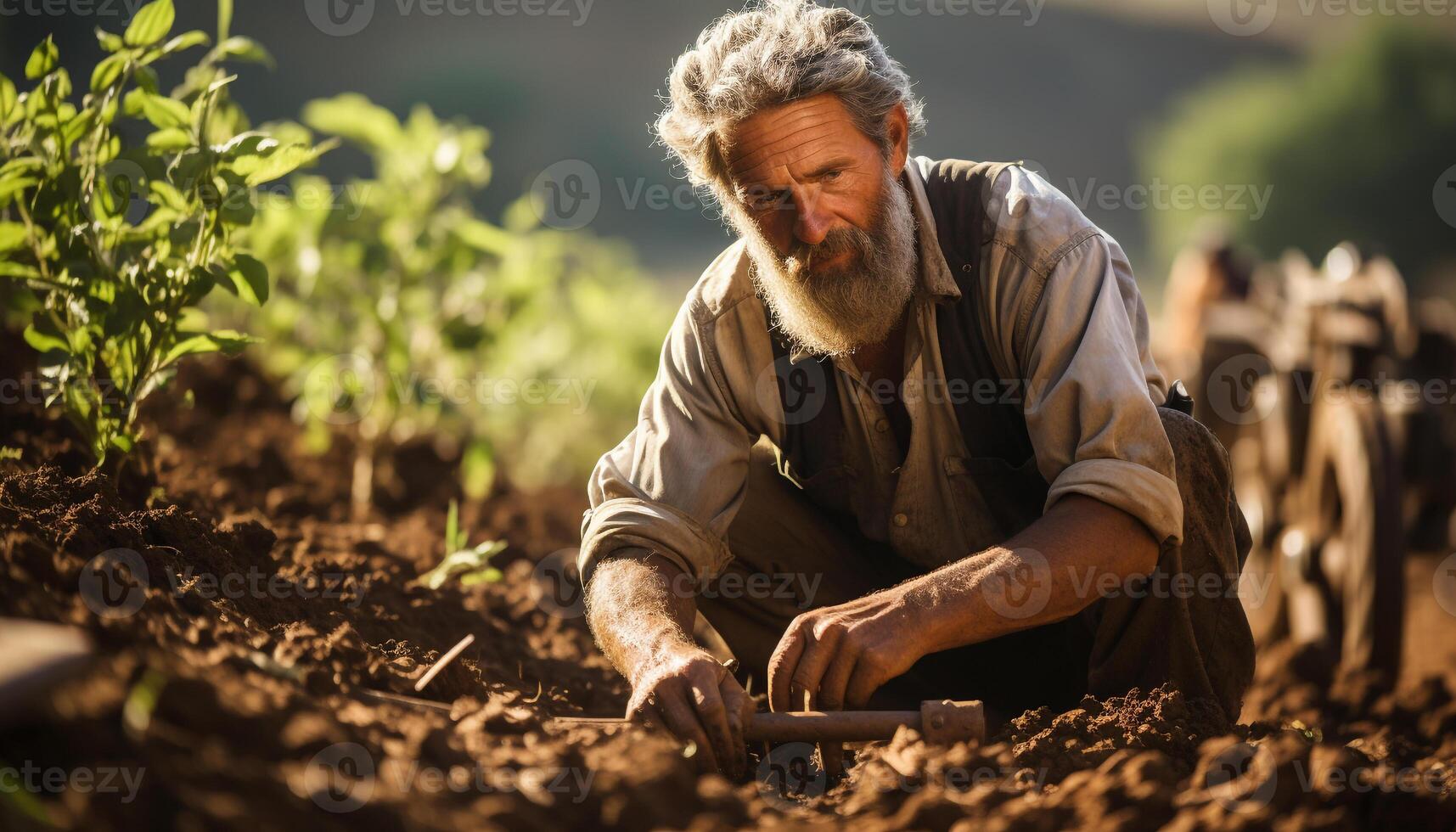 ai généré Sénior adulte agriculteur travail en plein air, plantation biologique des légumes avec concentration généré par ai photo