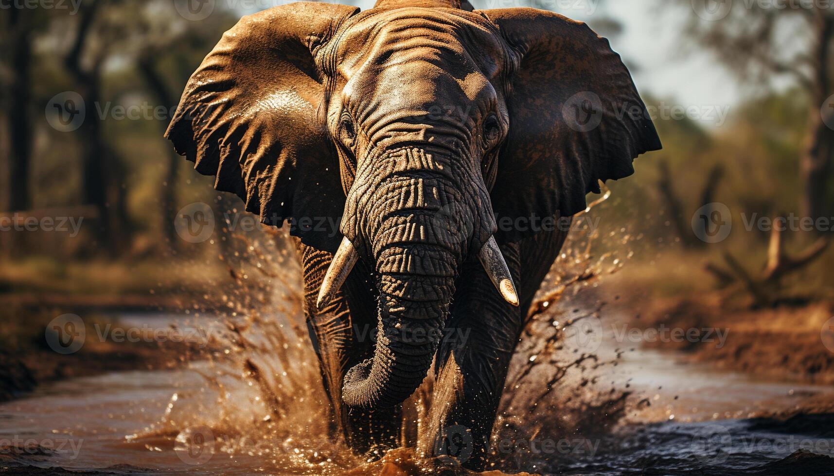 ai généré en danger africain l'éléphant en marchant dans humide savane, éclabousser boue généré par ai photo