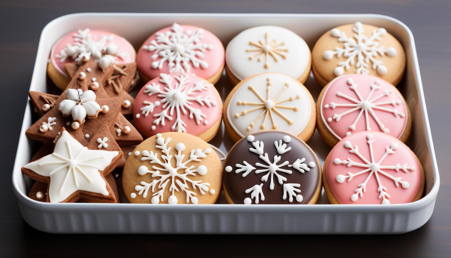 ai généré fait maison flocon de neige en forme de sucre biscuits, décoré avec rose glaçage généré par ai photo