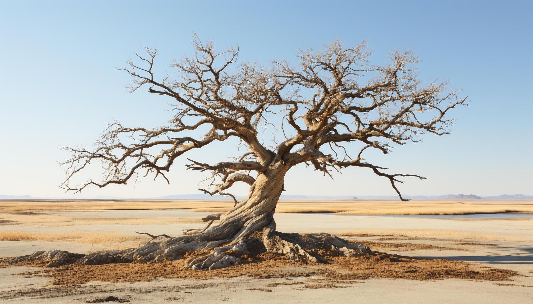 ai généré tranquille acacia arbre des stands seul dans aride africain paysage généré par ai photo