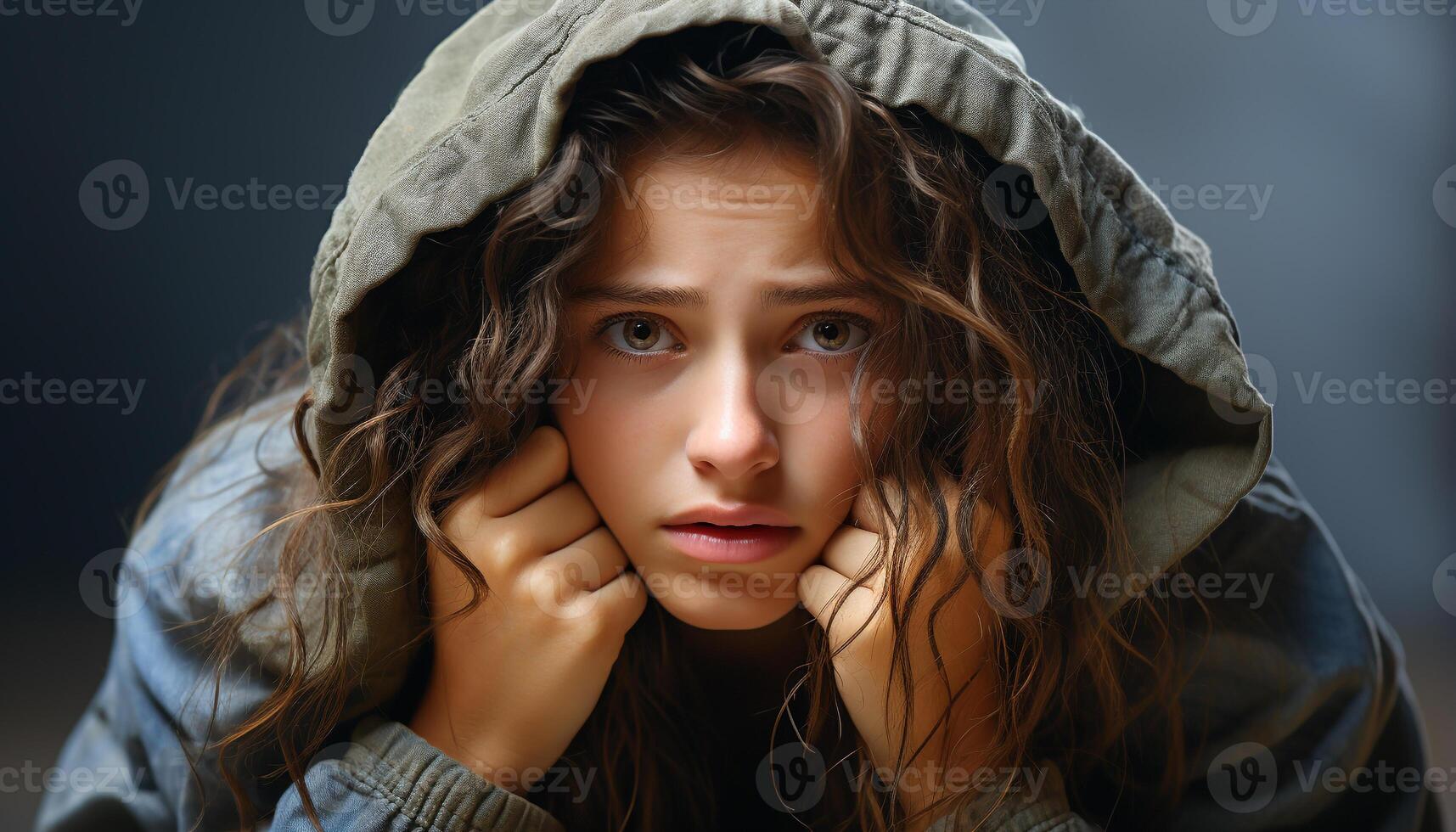 ai généré un Jeune femme, portrait de une triste beauté à la recherche à caméra généré par ai photo