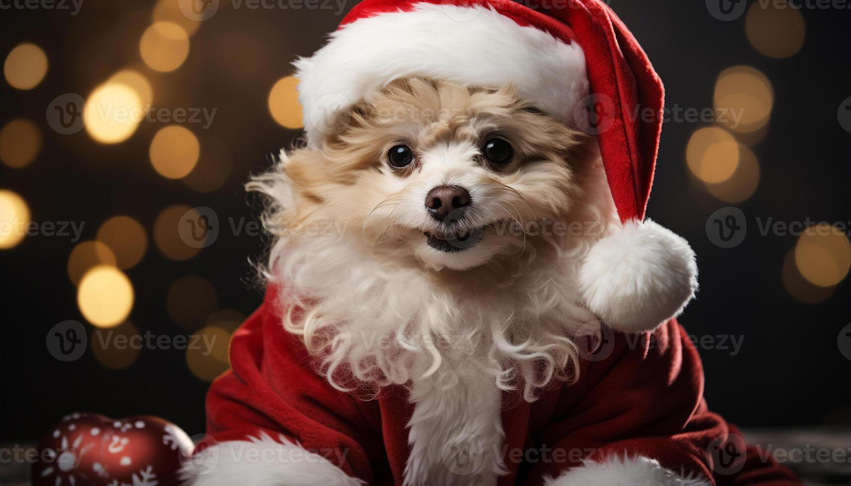 ai généré mignonne chien dans hiver costume séance, à la recherche à caméra, souriant généré par ai photo