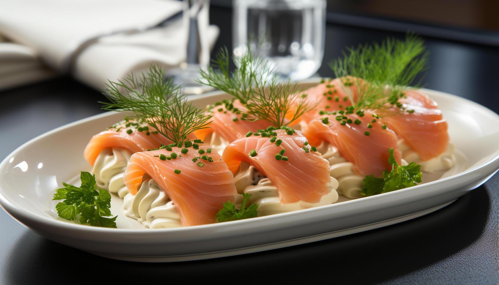 ai généré en bonne santé en mangeant Frais fruit de mer, gourmet repas, tranché Viande et poisson généré par ai photo