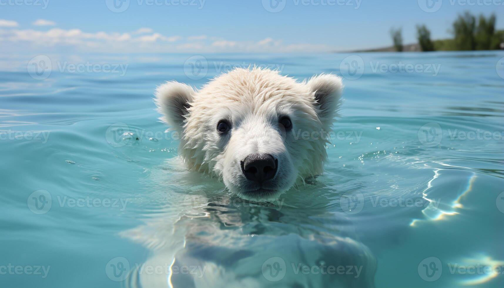 ai généré mignonne chiot nager dans bleu eau, à la recherche à caméra généré par ai photo