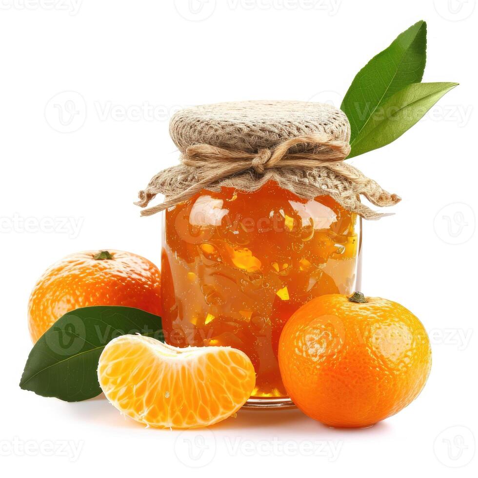 ai généré une pot de fait maison satsuma confiture avec Frais Satsuma, isolé sur une blanc Contexte. ai généré. photo