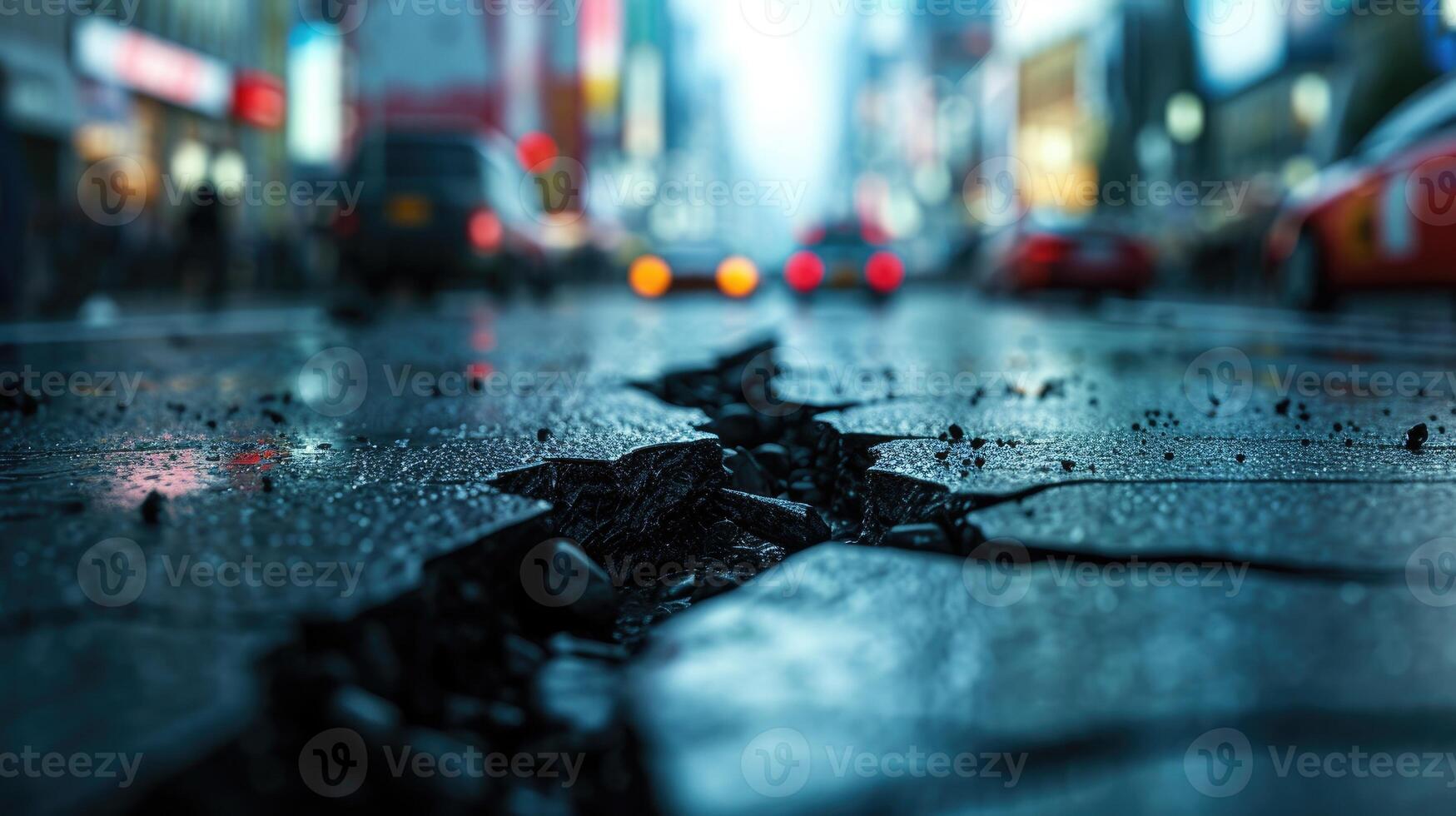 ai généré dans le animé paysage urbain, une longue fissure Mars le route, allusion à le défis de Urbain Infrastructure. ai généré. photo