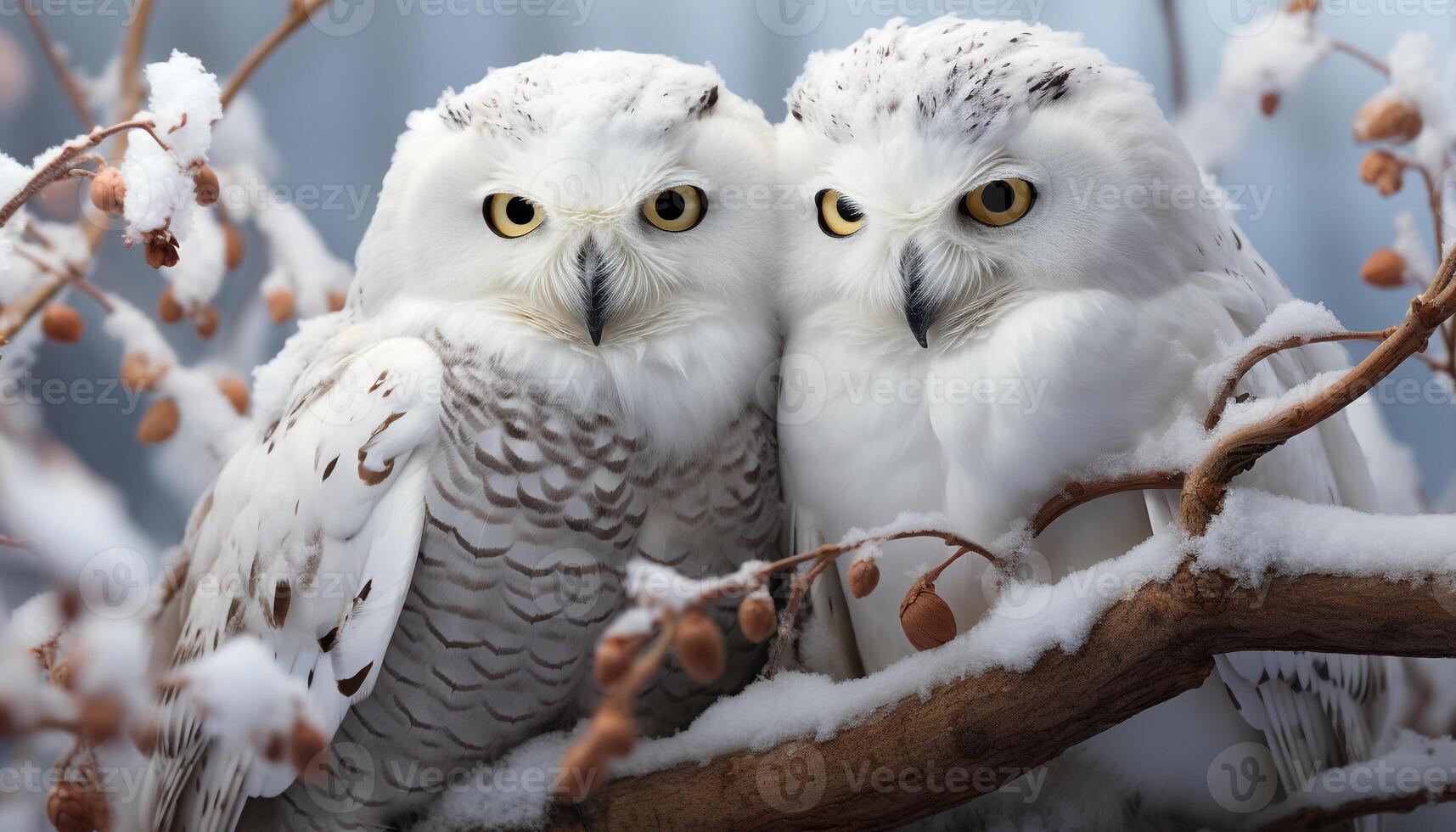 ai généré oiseau de proie se percher sur neigeux bifurquer, à la recherche à caméra généré par ai photo