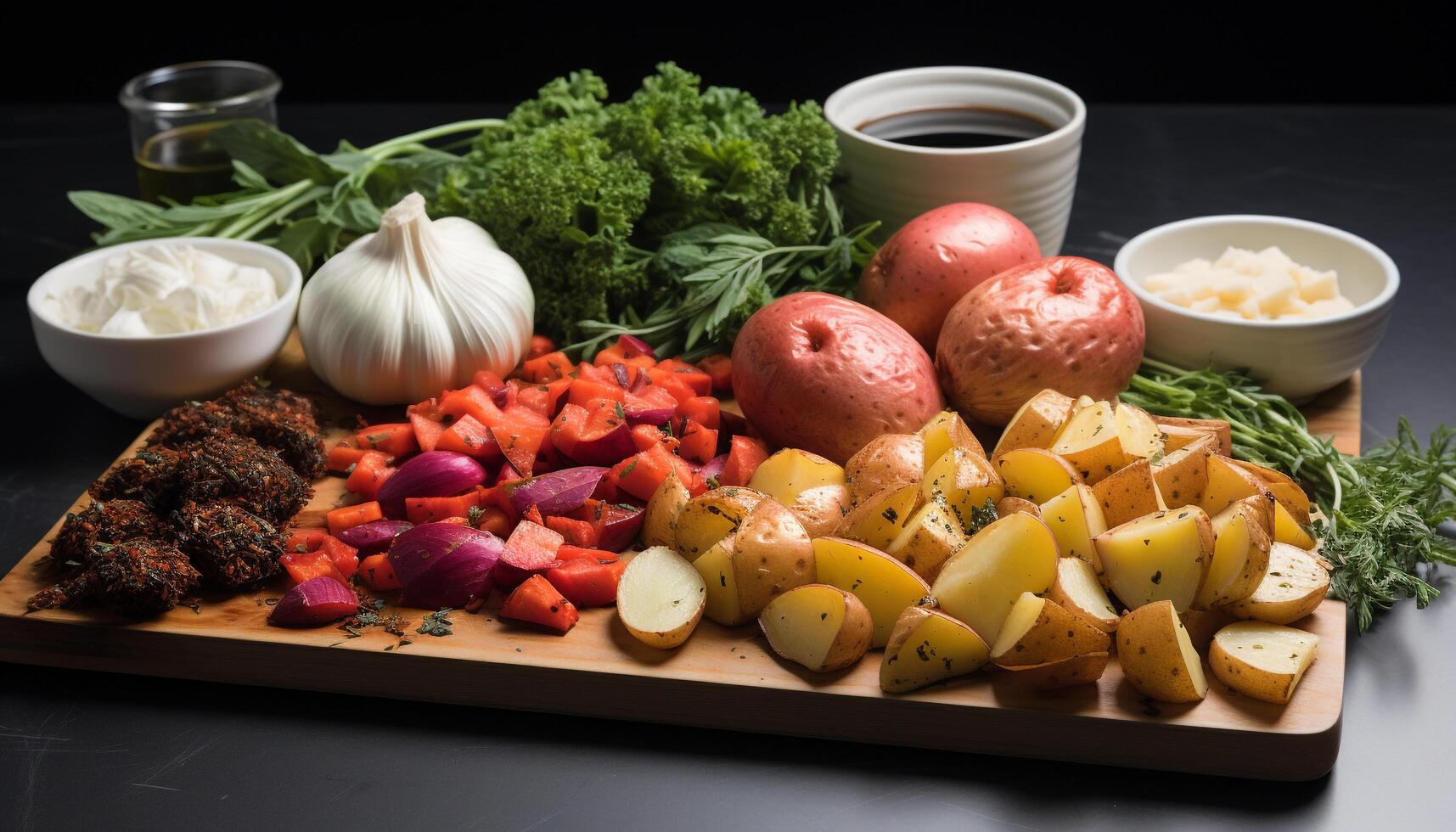 ai généré grillé Viande et des légumes sur une en bois plaque, Frais et en bonne santé généré par ai photo