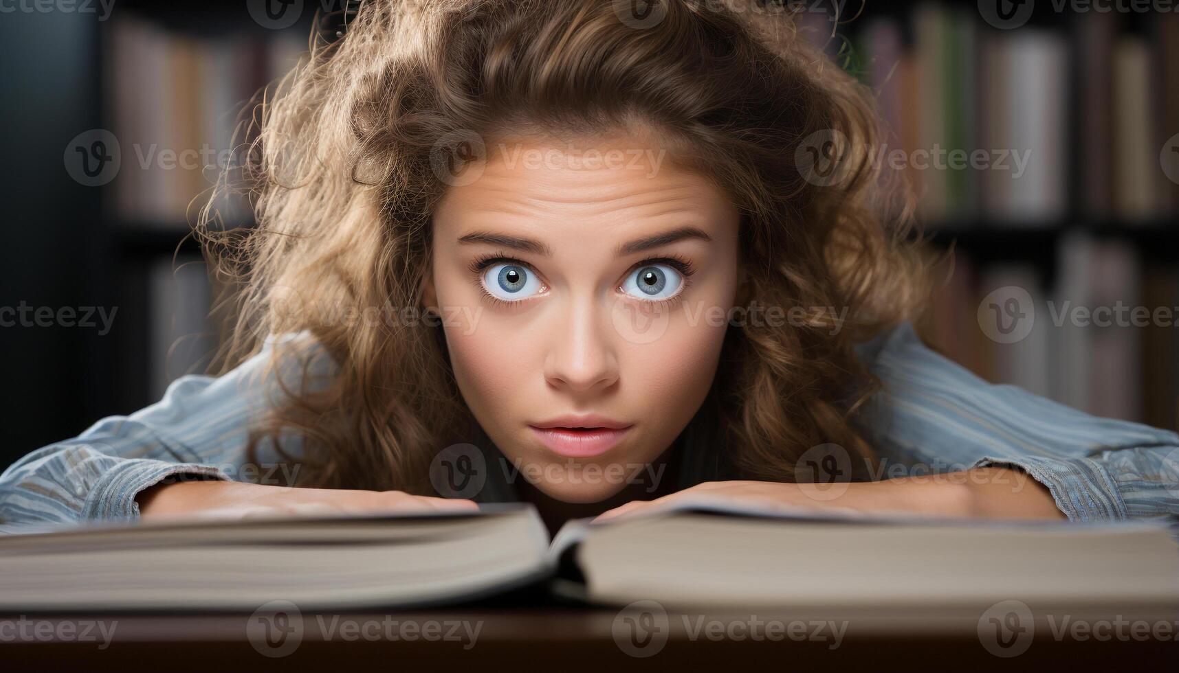 ai généré une fatigué étudiant en train d'étudier dans une bibliothèque, frustration et concentration généré par ai photo