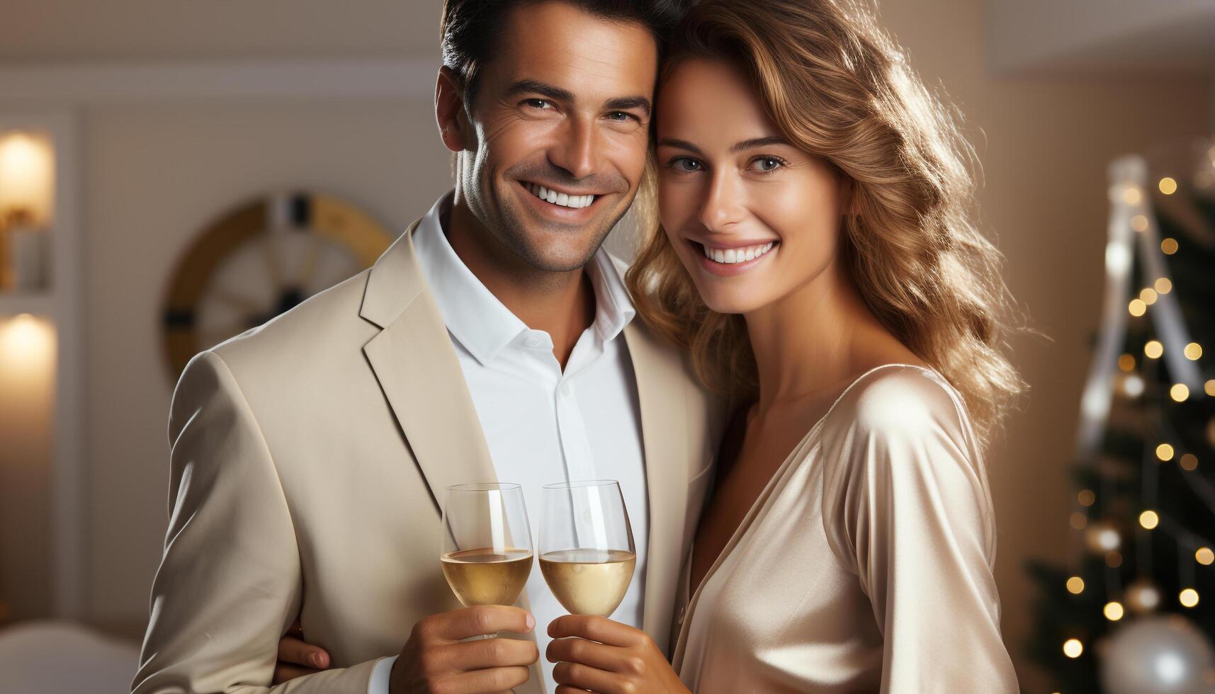 ai généré souriant couple fête aimer, bonheur, et unité avec Champagne généré par ai photo