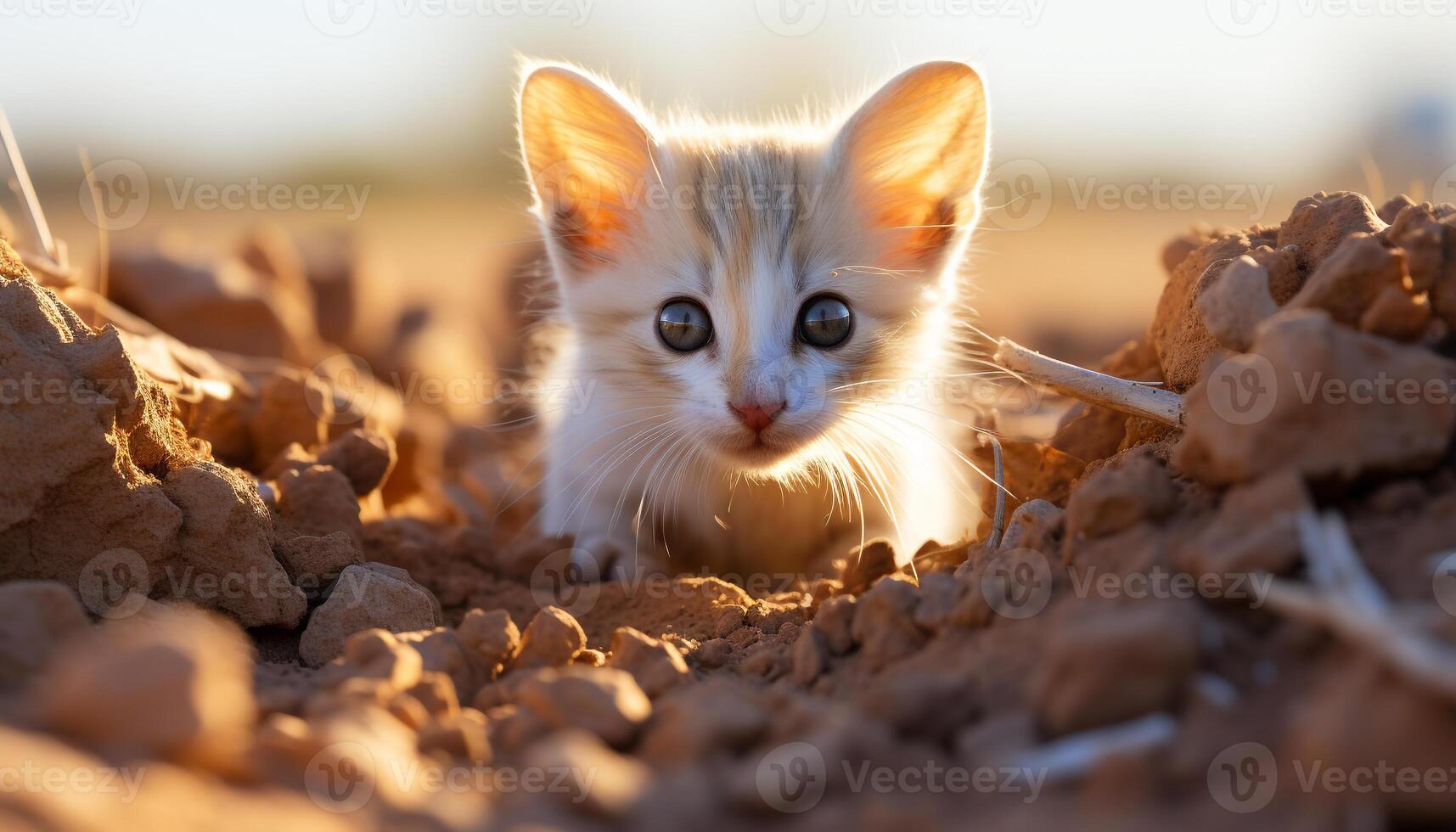 ai généré mignonne chaton en jouant dans le herbe, regarder à le Soleil généré par ai photo