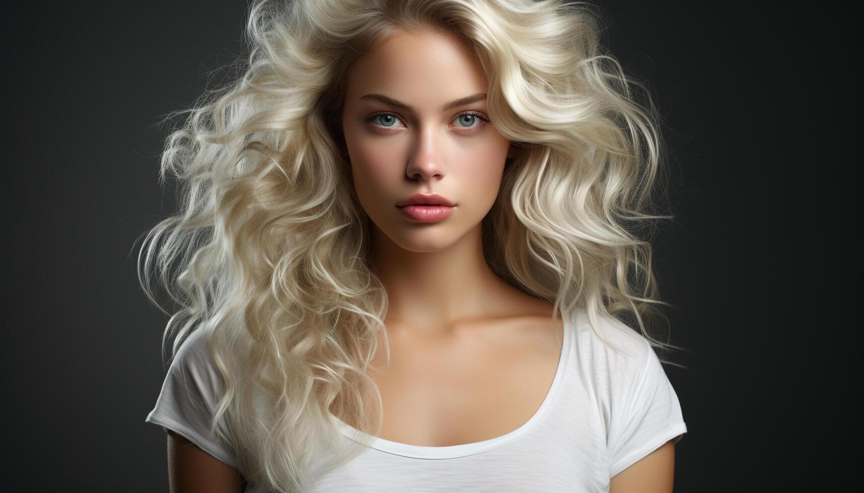 ai généré magnifique femme avec longue blond cheveux à la recherche à caméra sensuellement généré par ai photo