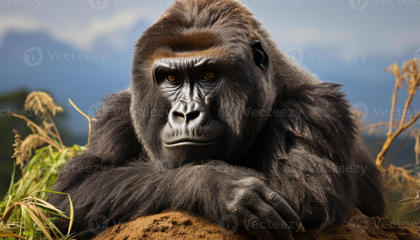 ai généré mignonne singe séance dans le forêt, regarder à le caméra généré par ai photo