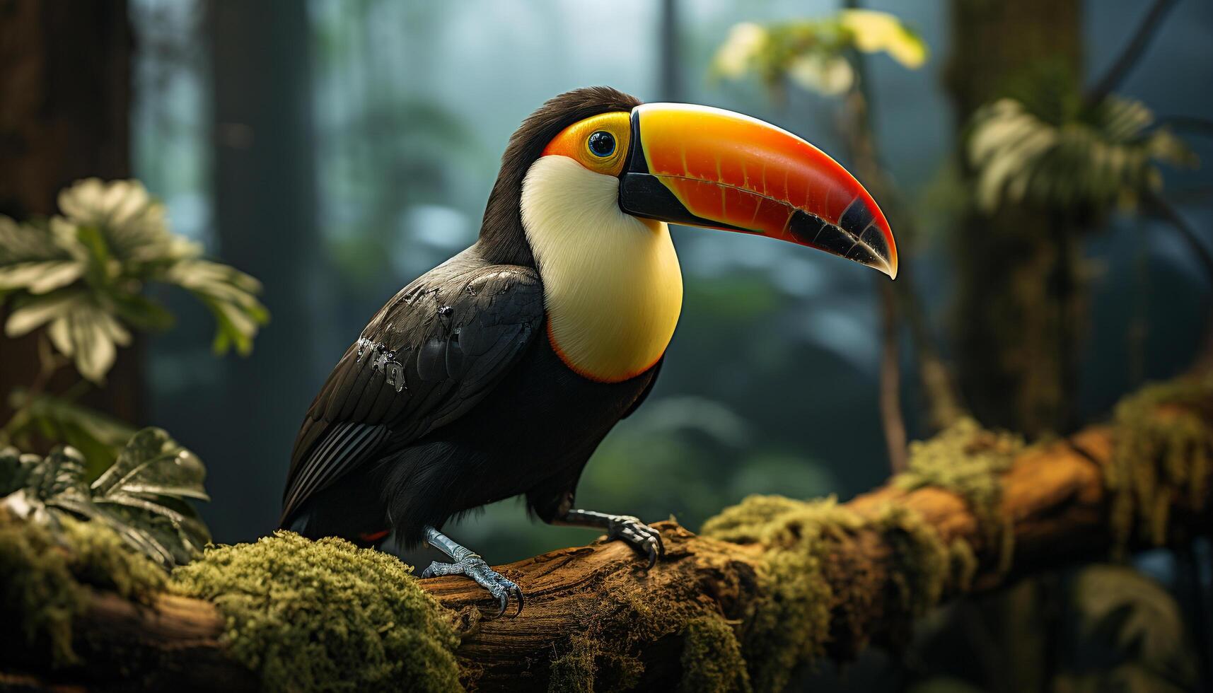 ai généré une vibrant toucan perchoirs sur une branche dans le forêt tropicale généré par ai photo