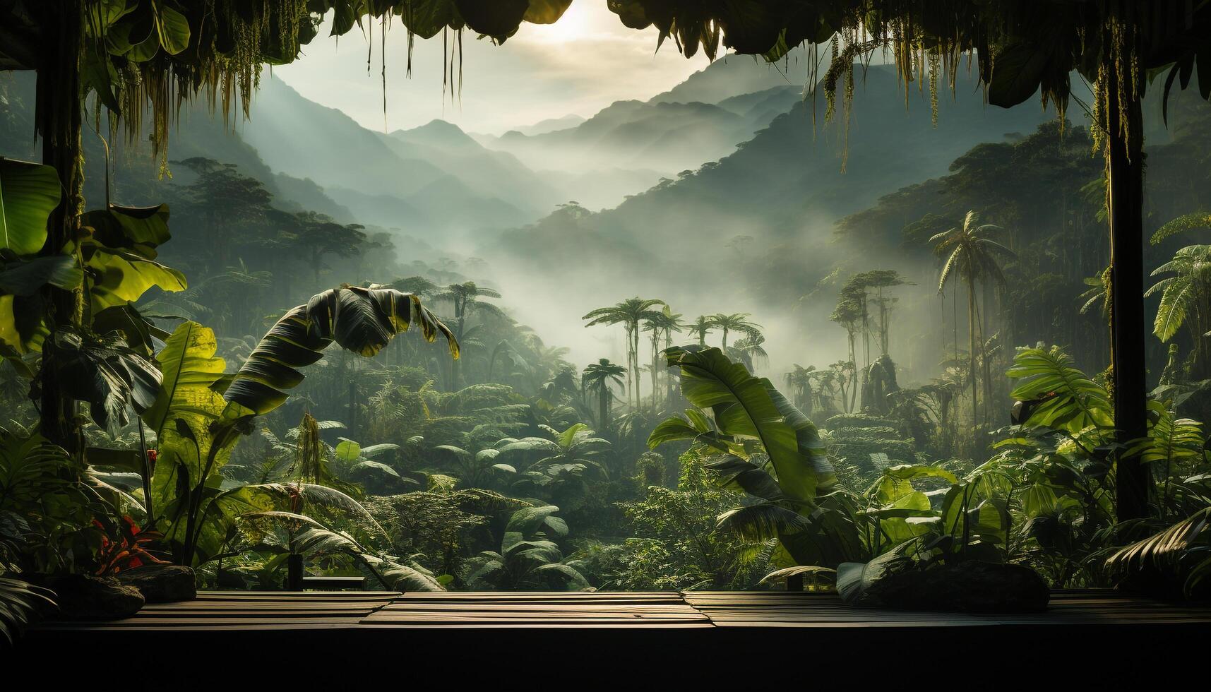 ai généré tranquille tropical forêt tropicale, mystérieux brouillard, foncé nuit, vert feuillu arbre généré par ai photo